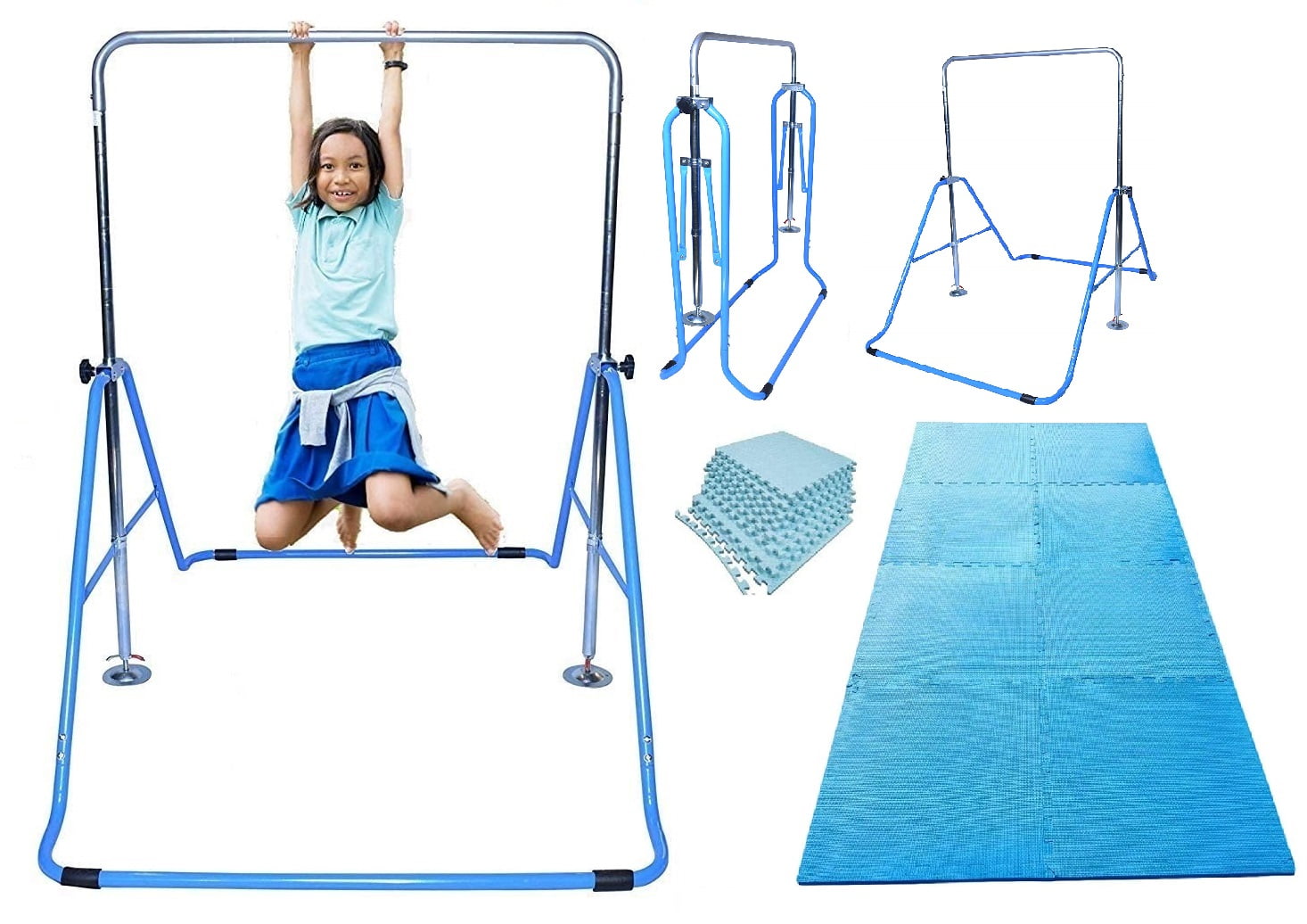 Gymnastics Bar for Kids Kip Bar Horizontal Jungle Gym with 8'x'4 EVA Tumble Mat, Junior Training Monkey Bars Home Gym Adjustable Height Expandable Junior Training Bar Indoor Foldable (Blue)