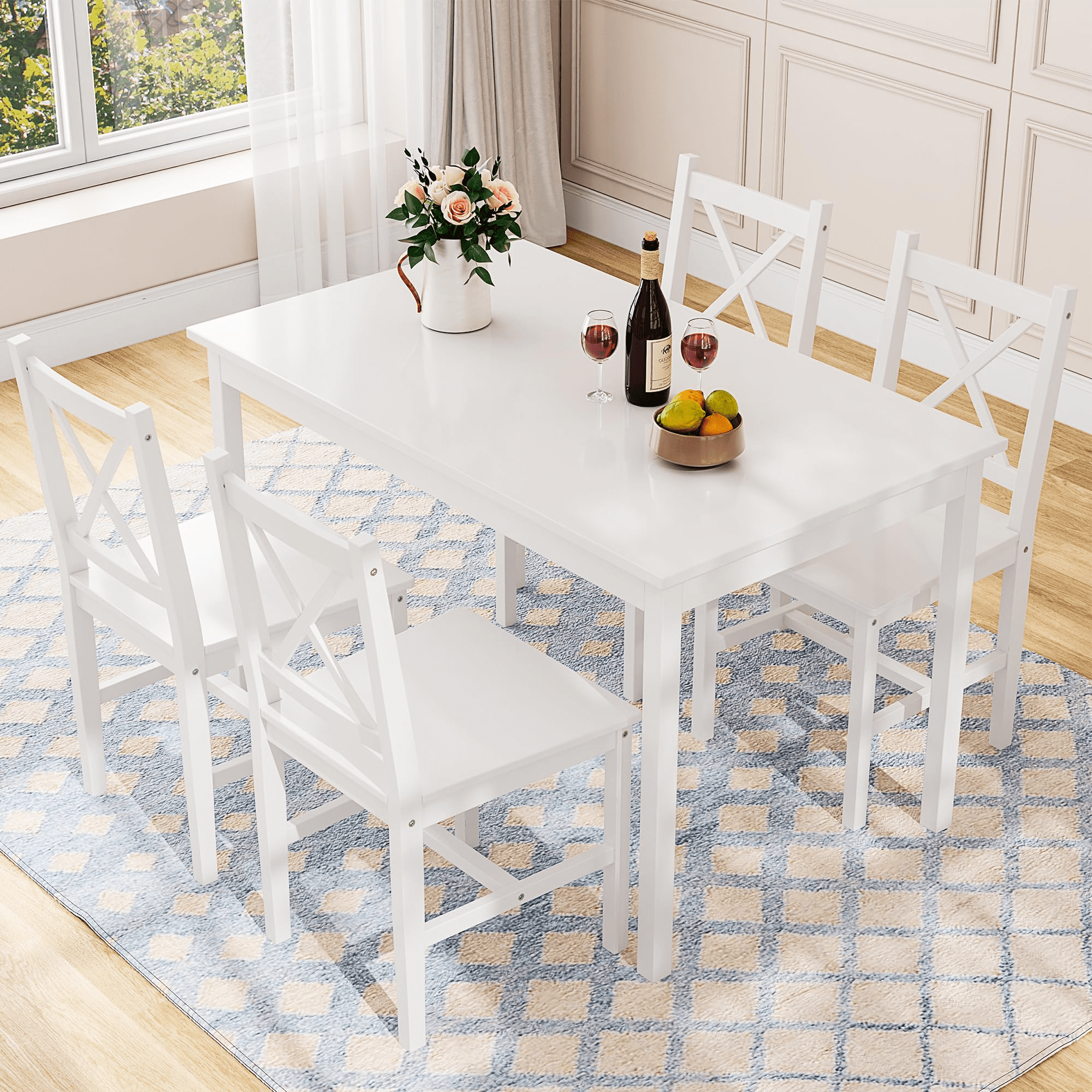 Alohappy Dining Table with 4 Chairs Set, 5 Piece Kitchen Table Set  for 4, Pine Wood Dining Table Rectangle Breakfast Table and Chairs for Home Kitchen Small Space, Space-Saving & Easy Assembly, White