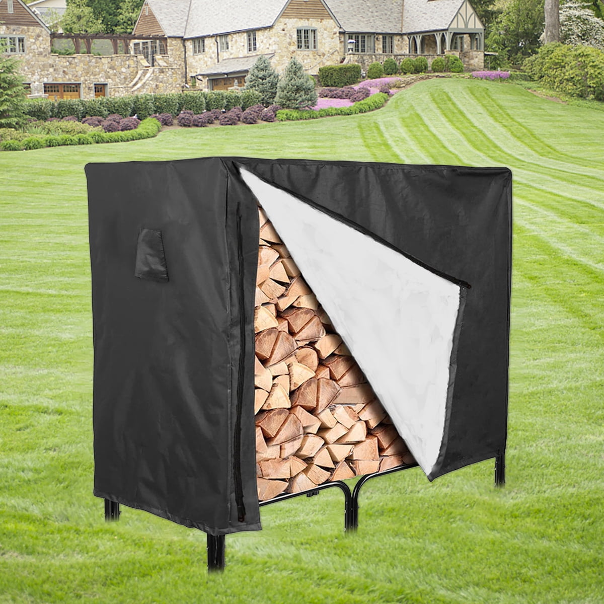 THREN Firewood Rack Cover 210D Oxford PVC Waterproof Log Rack Cover with Carrying Bag Durable Dry Wood Pile Holder Storage Tarp Cover for Outdoor Garden Camping