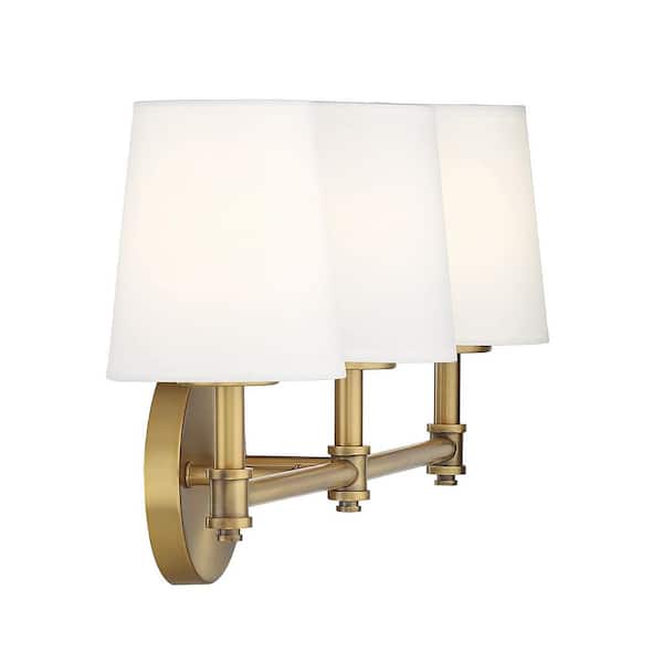 24 in. W x 9.5 in. H 3-Light Natural Brass Bathroom Vanity Light with White Linen Fabric Shades