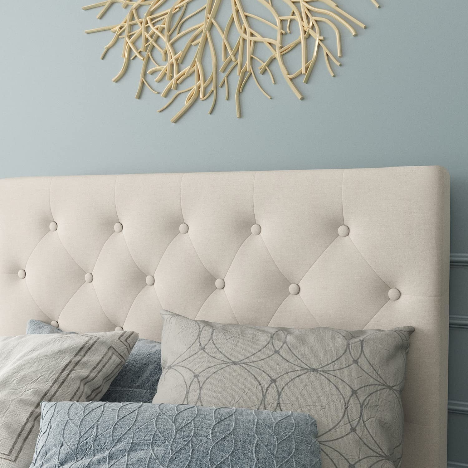 Twin Size Upholstered Linen Platform Bed Frame with Button Tufted Headboard, Mattress Foundation, Beige