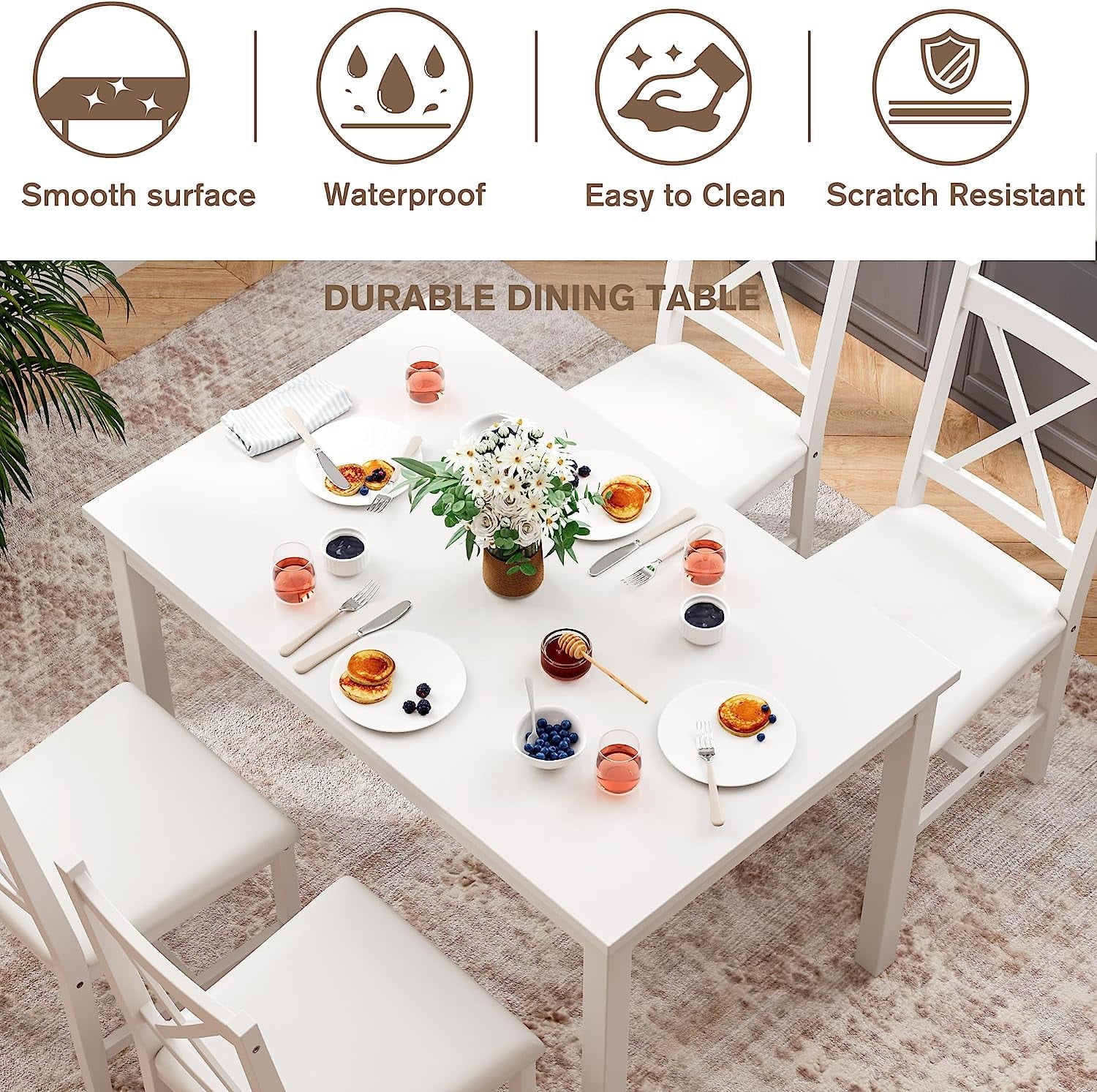 Alohappy Dining Room Table Set for 4, 5 Piece Kitchen Table Set, Morden Wood Rectangle Breakfast Table and Chairs for Small Space, Easy Assembly (White)