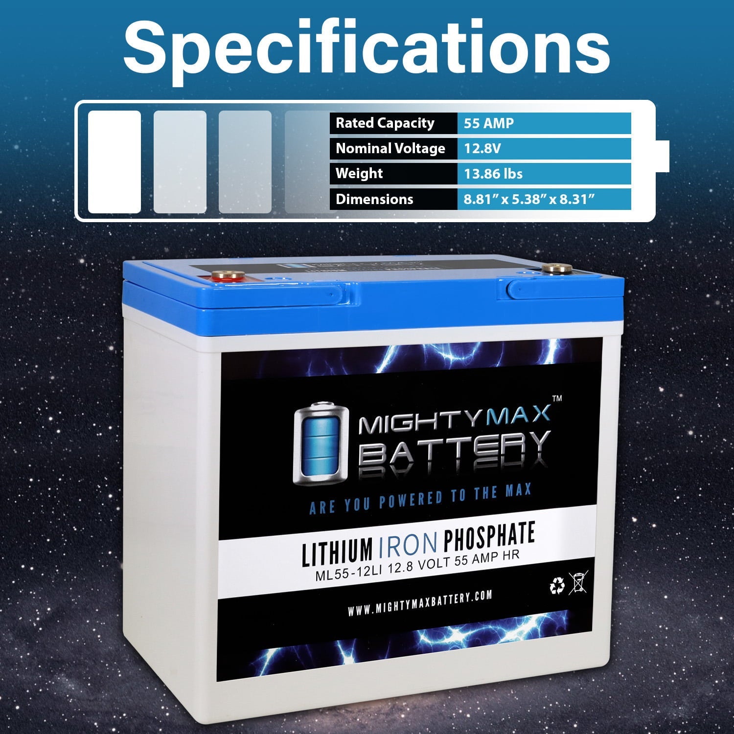 Mighty Max Battery ML55-12LI - 12 Volt 55 AH Deep Cycle Lithium Iron Phosphate (LiFePO4) Rechargeable and Maintenance Free Battery