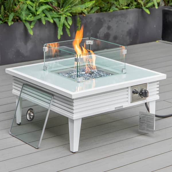 Walbrooke Modern White Patio Square Fire Pit Table with Aluminum Slats Frame