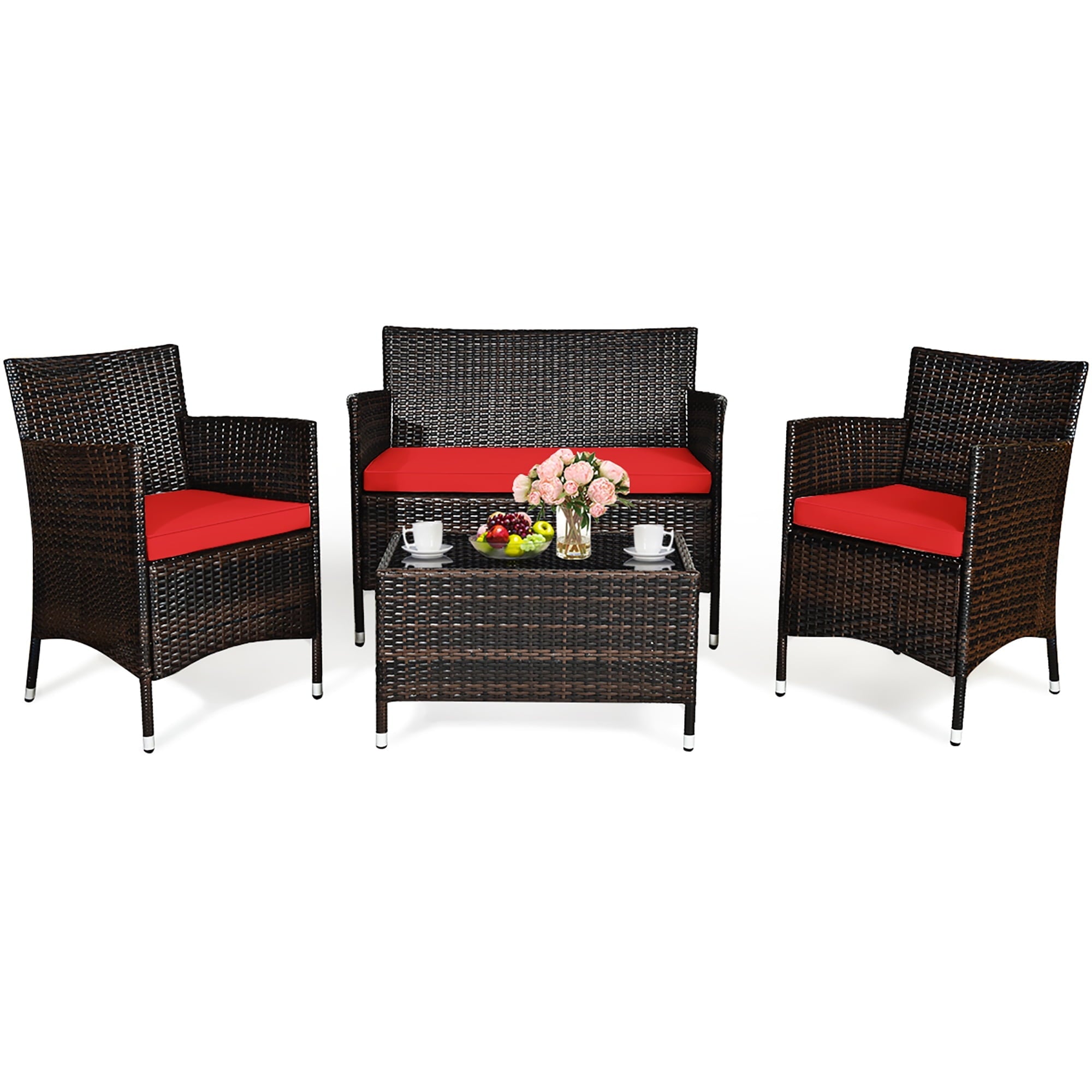 Costway 4PCS Rattan Patio Furniture Set Cushioned Sectional Sofa Chair Coffee Table Red