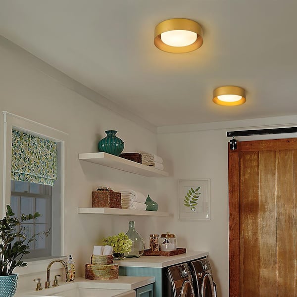 13.8 in. 1-Light Gold Flush Mount with Frosted Glass Shade