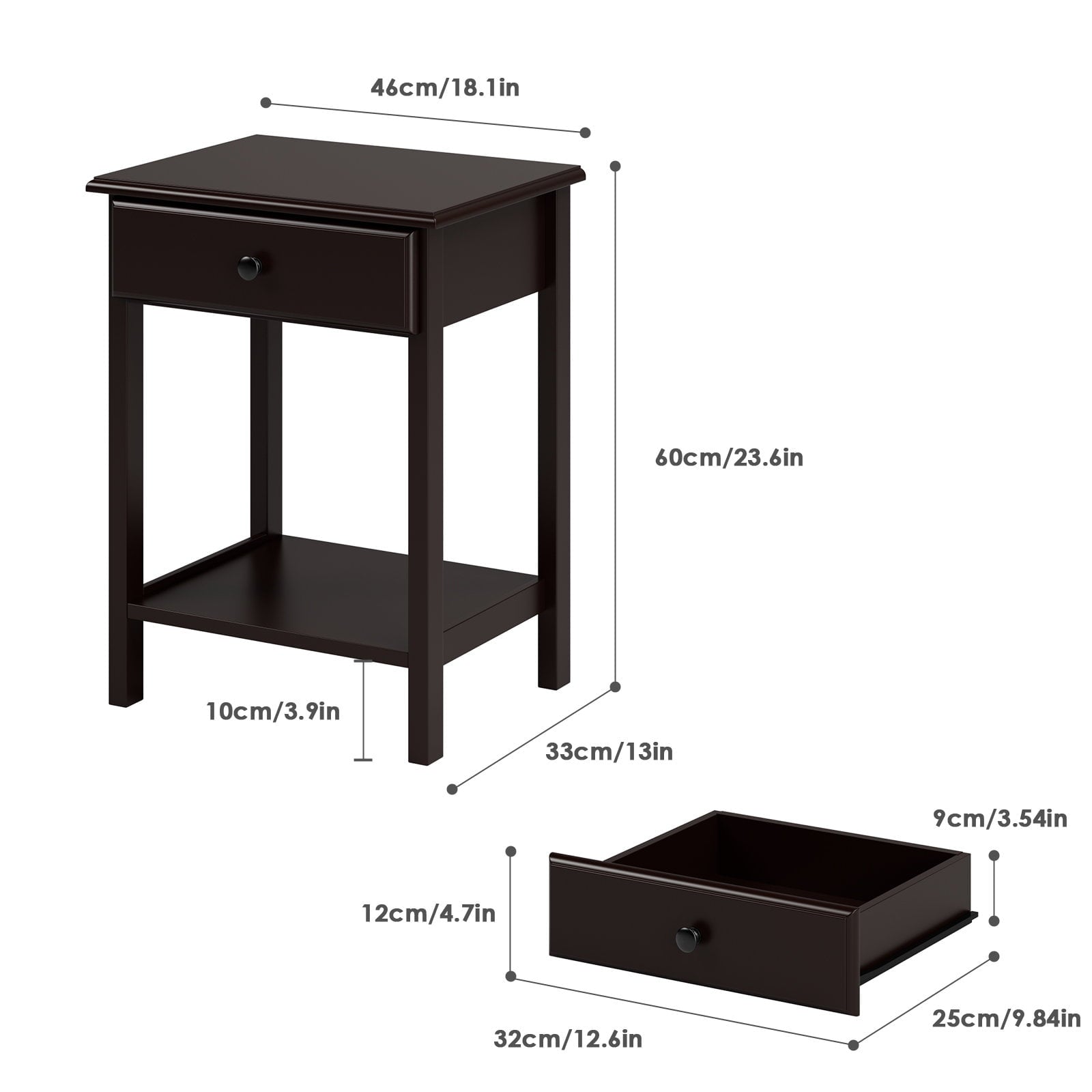 Homfa Night Stand with Drawer, End Wooden Bedside Table with Storage Shelf for Bedroom Living Room, Dark Brown