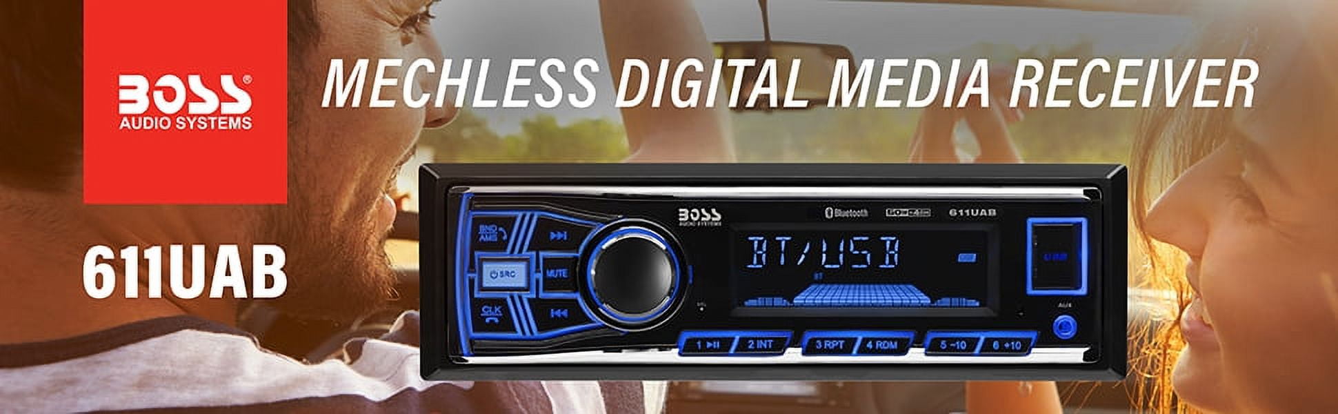 BOSS Audio Systems 611UAB Car Audio Stereo System - Single Din, Bluetooth Audio and Calling Head Unit, Aux Input, USB, Mechless, No CD/DVD Player, AM/FM Radio Receiver, Hook up to Amplifier