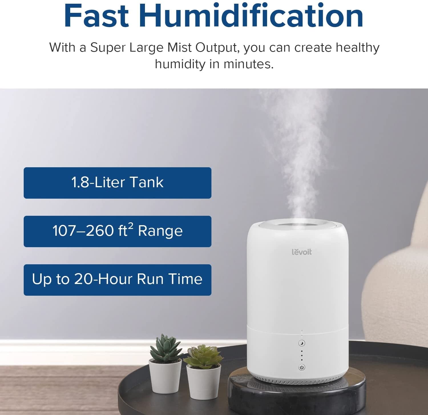 Levoit 1.8L 260 sq ft Cool Mist Humidifier for Room, White