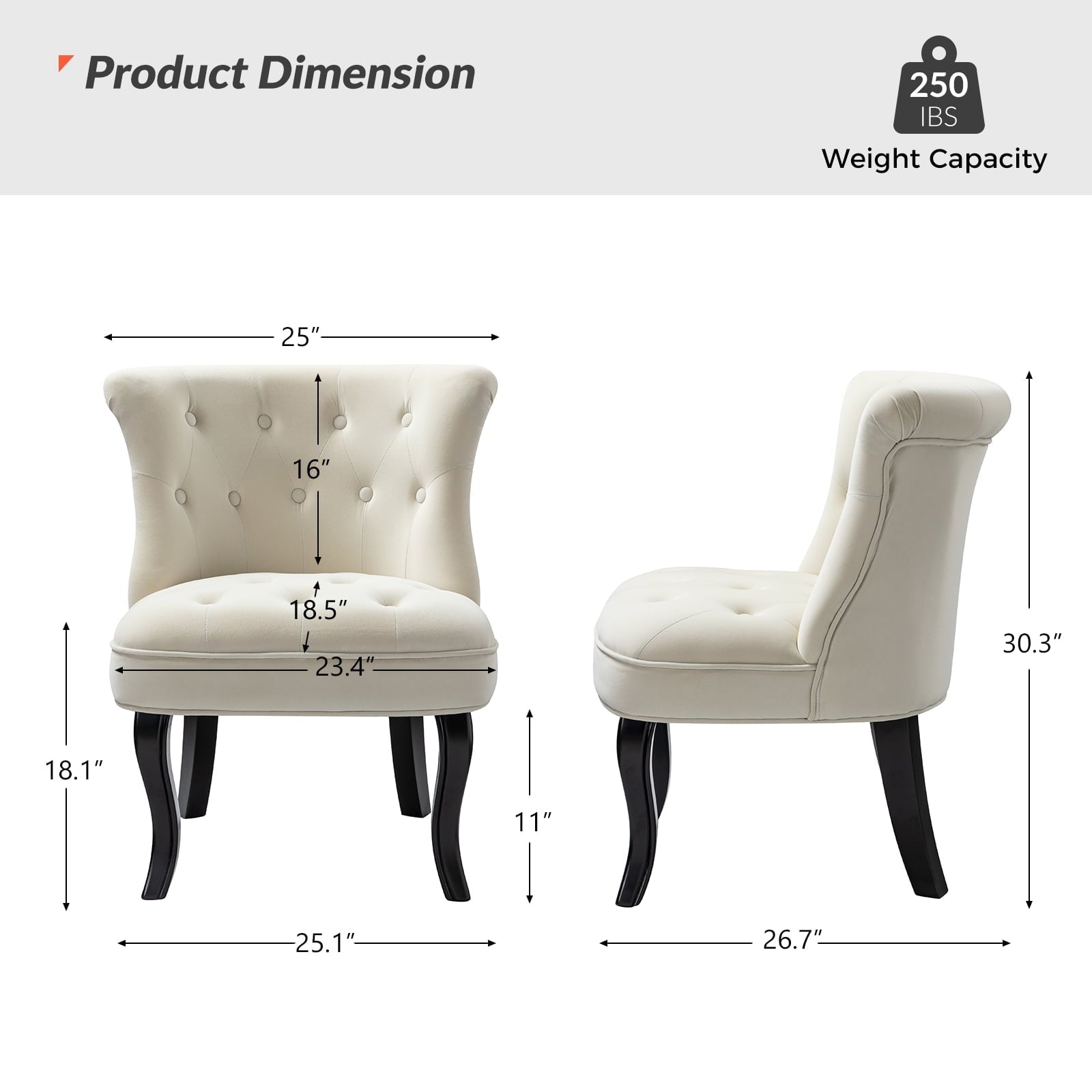 14 Karat Home Velvet Armless Accent Chair Upholstered Button Wooden Legs Bedroom Adult White