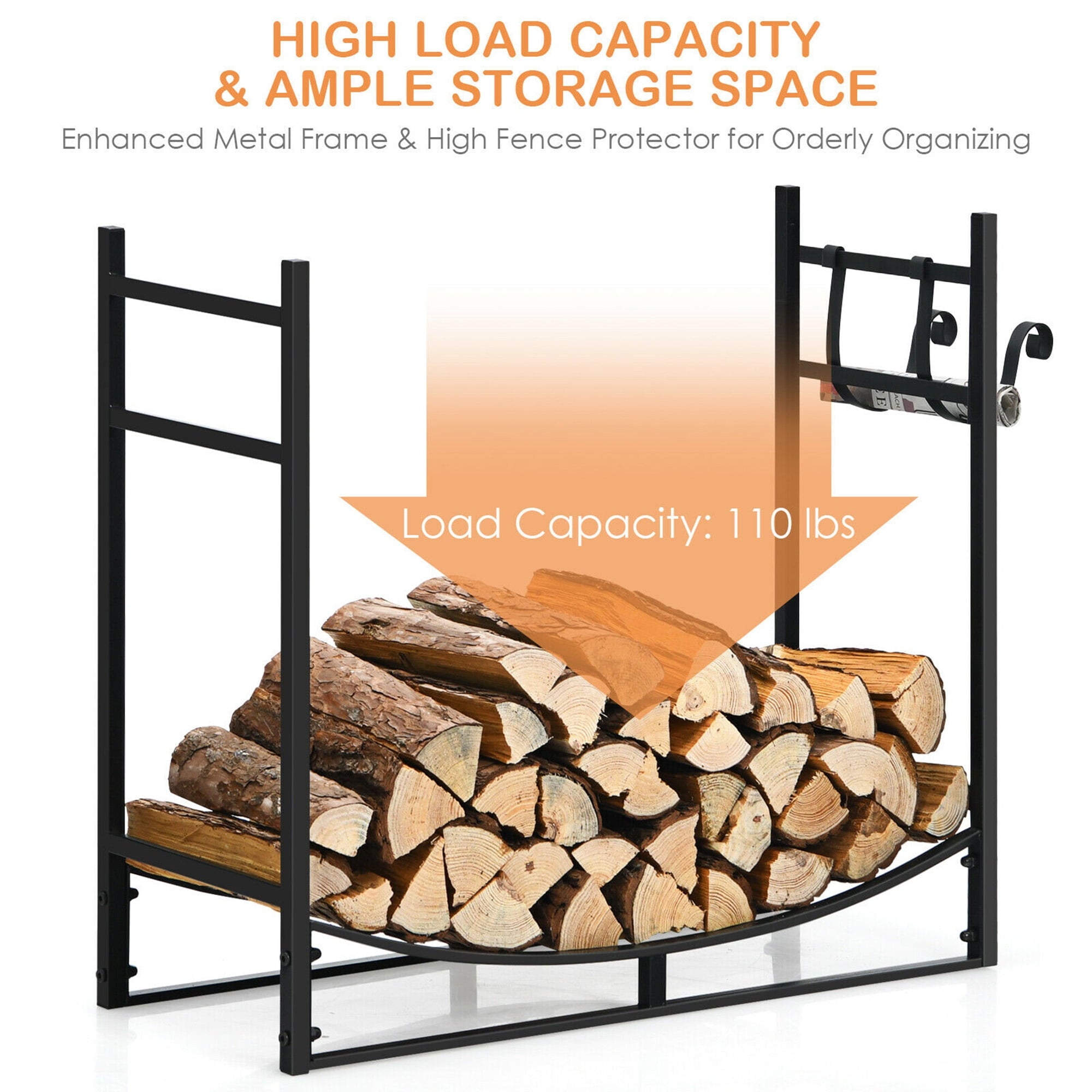 Gymax 33'' Firewood Rack W/ Removable Kindling Holder Steel Fireplace Wood