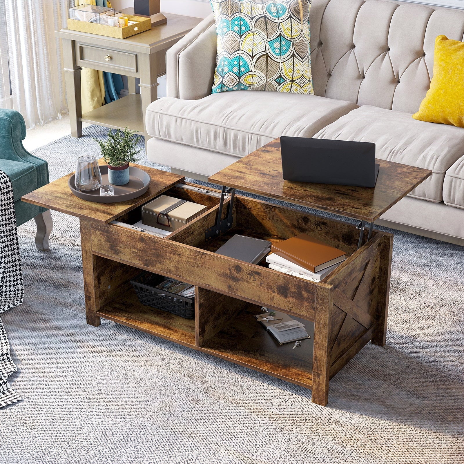 YITAHOME Split Lift Top Coffee Table with Hidden Storage and Open Shelves for Living Room Home Office, Brown