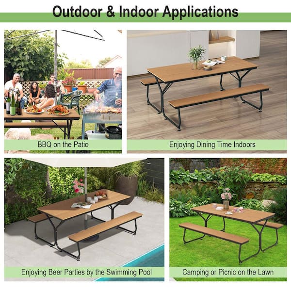 72 in. Brown Rectangle Plastic Picnic Table Bench Set HDPE Heavy-Duty Table for 6-8 Person with Umbrella Hole