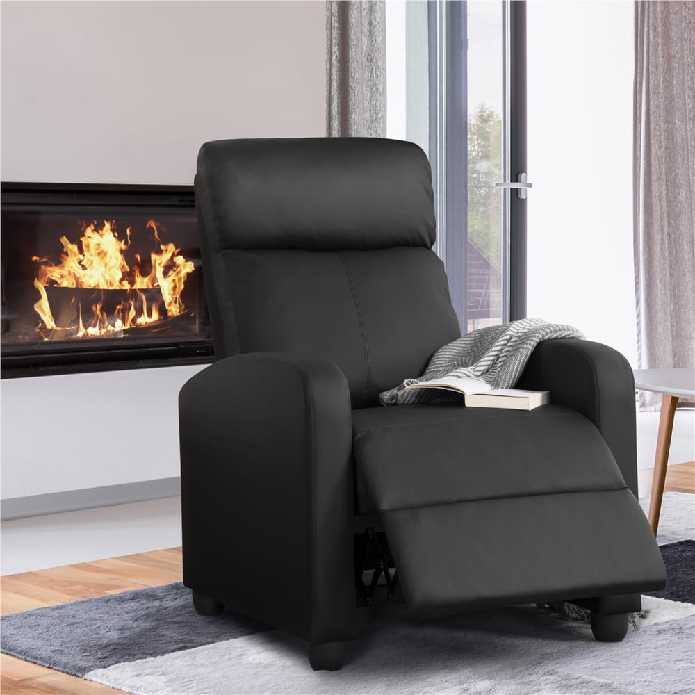 Easyfashion Faux Leather Push Back Theater Recliner, Black