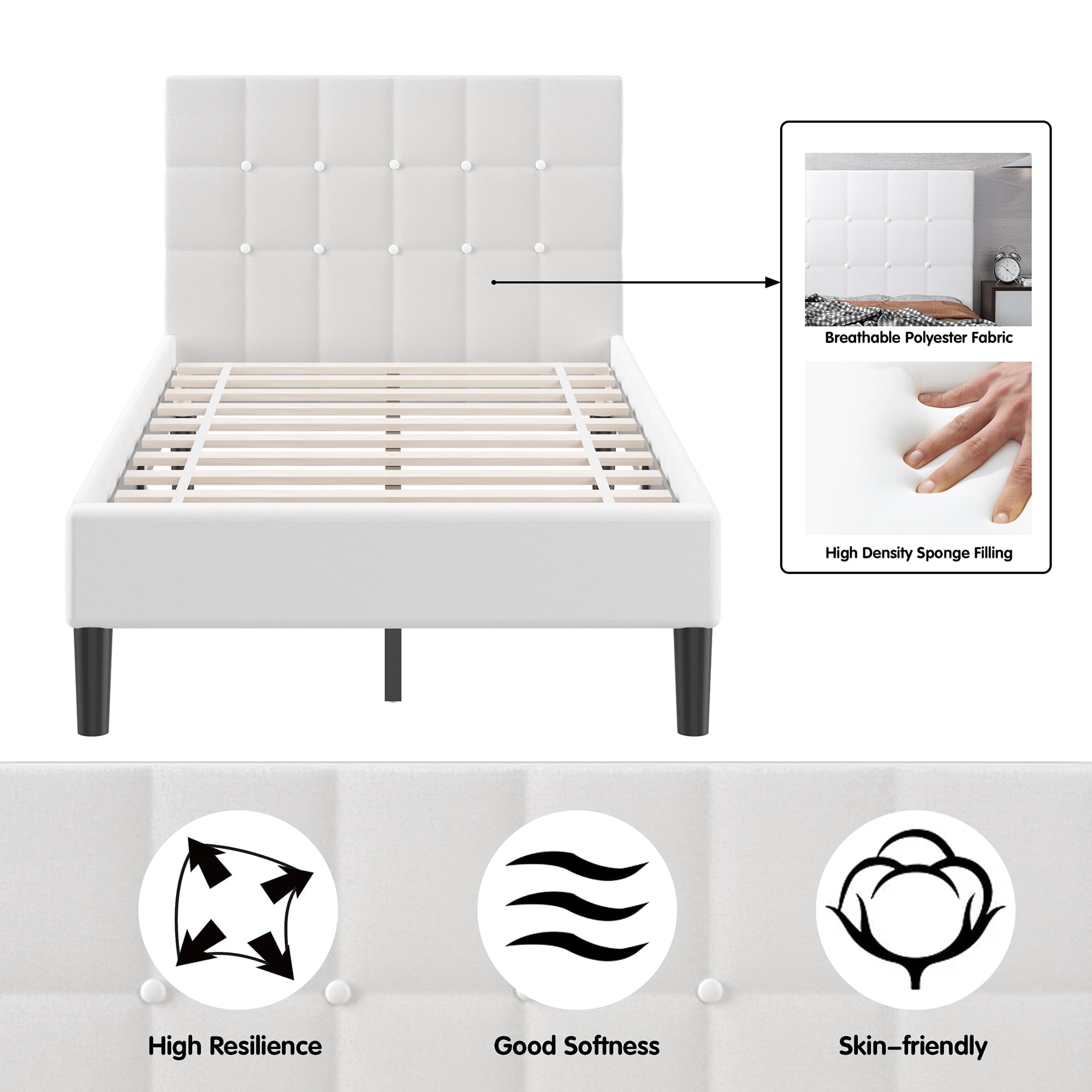 Costway Twin Upholstered Bed Frame Button Tufted Headboard Mattress Foundation Beige