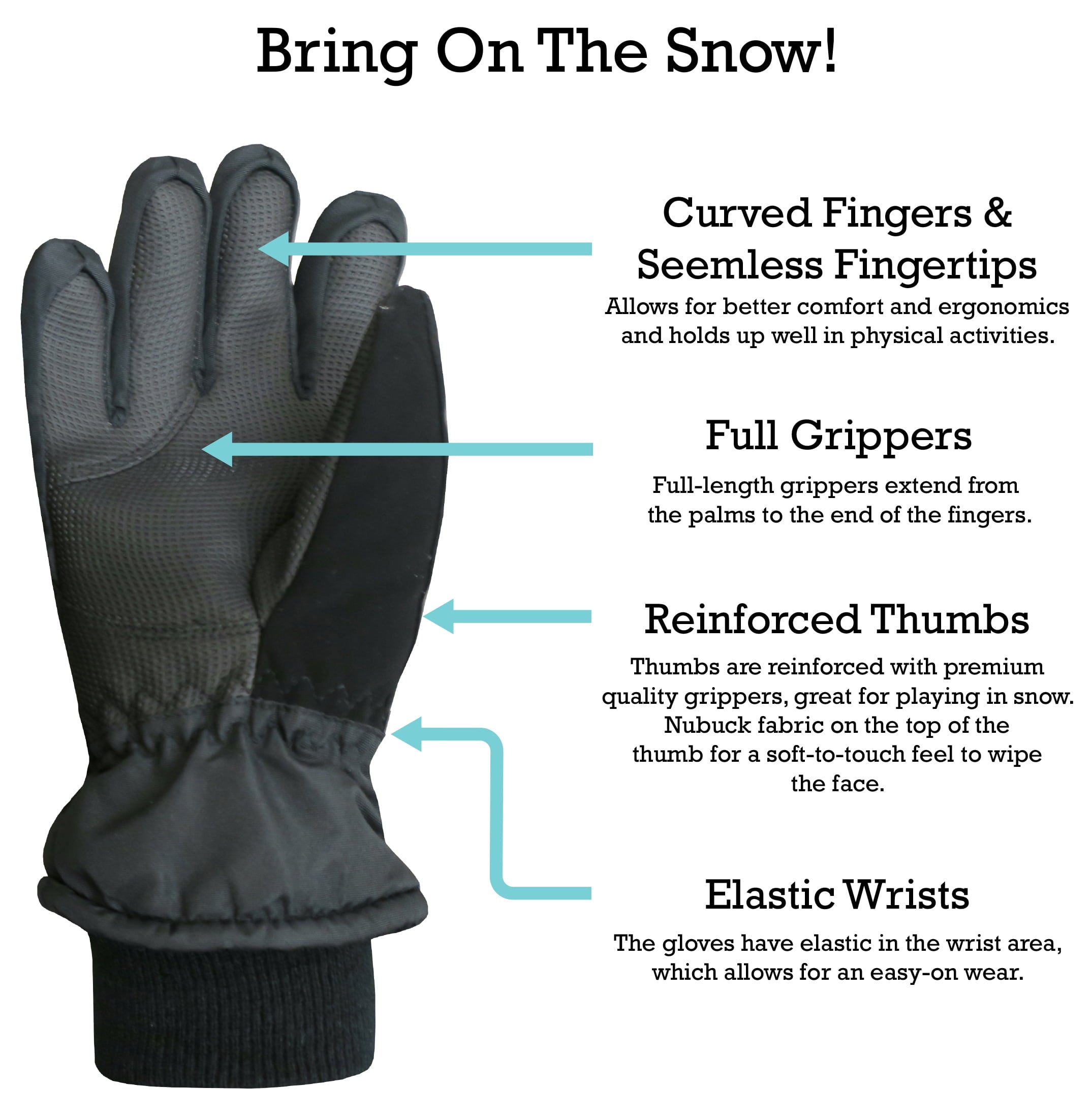 N'Ice Caps Kids Extreme Cold 100 Gram Thinsulate Waterproof Ski Snow Winter Black Gloves Boys Girls