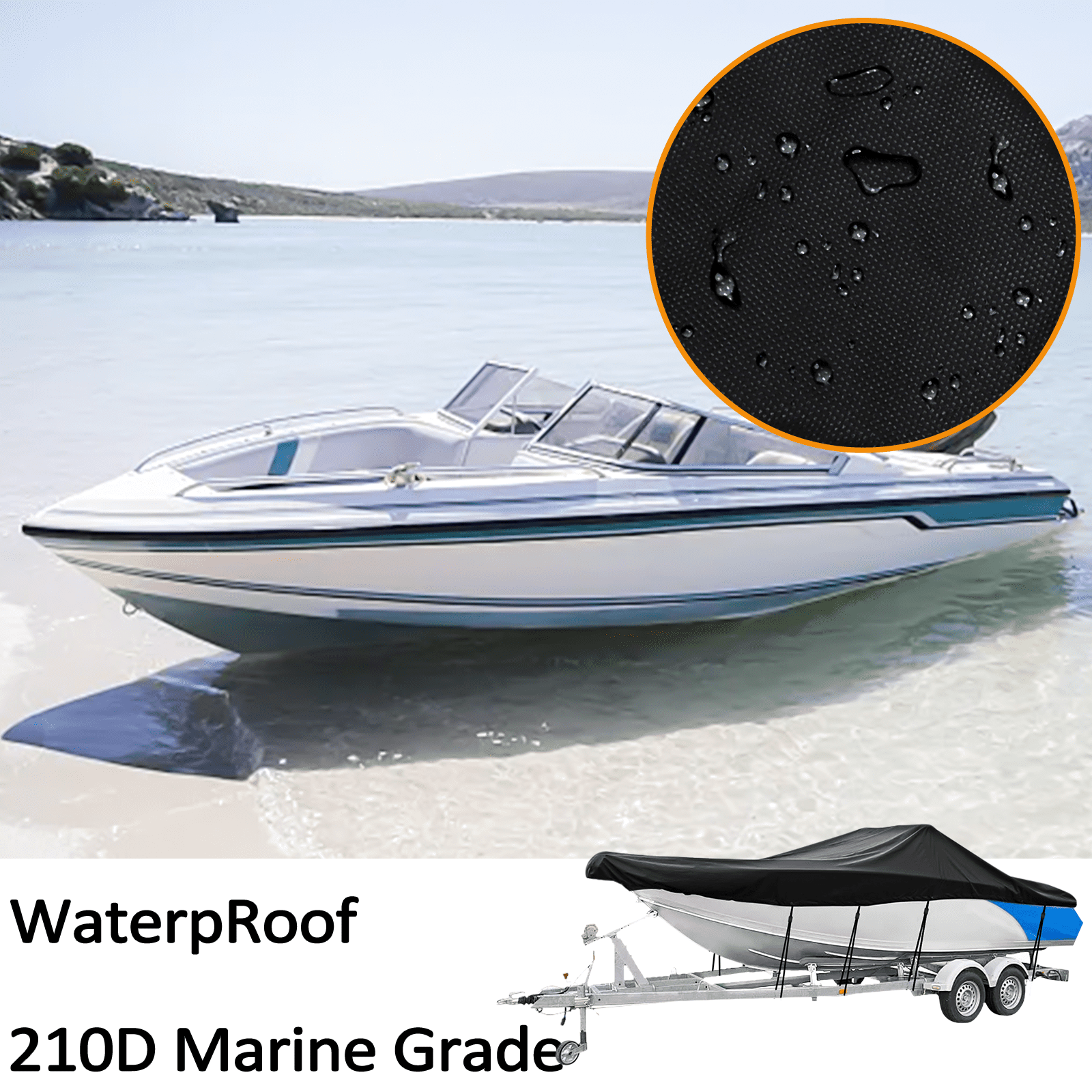 17-19ft Trailerable 210D Waterproof Boat Cover Fits V-Hull,TRI-Hull,Trailer,Pro-Style,Fishing Ski,Runabout,Bass Boat with Strap