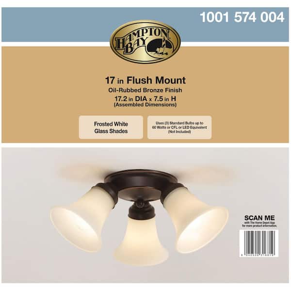 17.5 in. 3-Light Oil-Rubbed Bronze Flush Mount with Bell Shaped Frosted Glass Shades