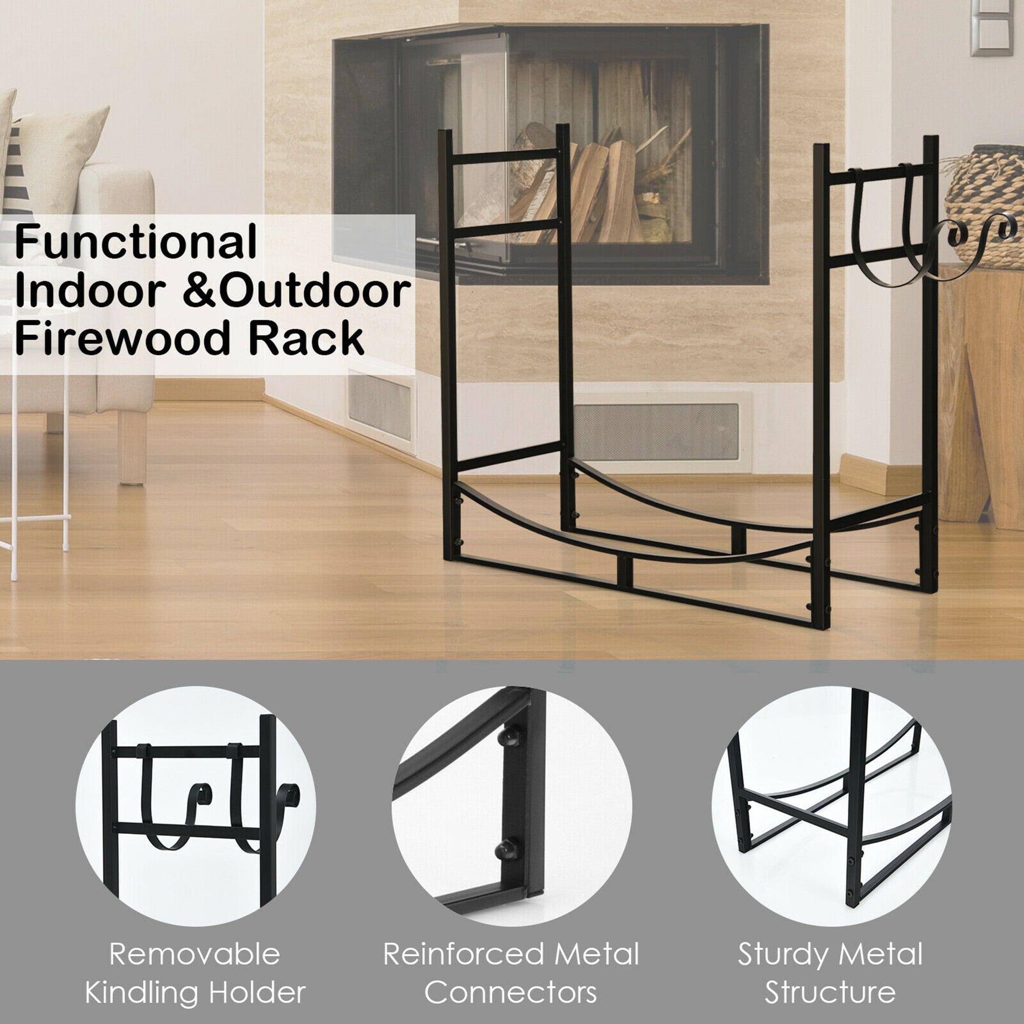 Gymax 33'' Firewood Rack W/ Removable Kindling Holder Steel Fireplace Wood