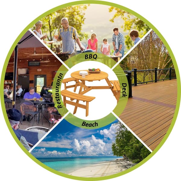 6-Person Round Natural Wood 27.55 in. H Outdoor Dining Table with Seat Picnic Table