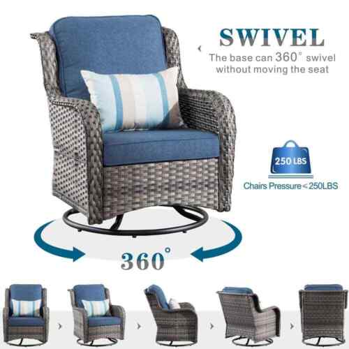 OVIOS Patio Conversation Seating Set w/ Swivel Rocking Chair+Denim Cushion Blue
