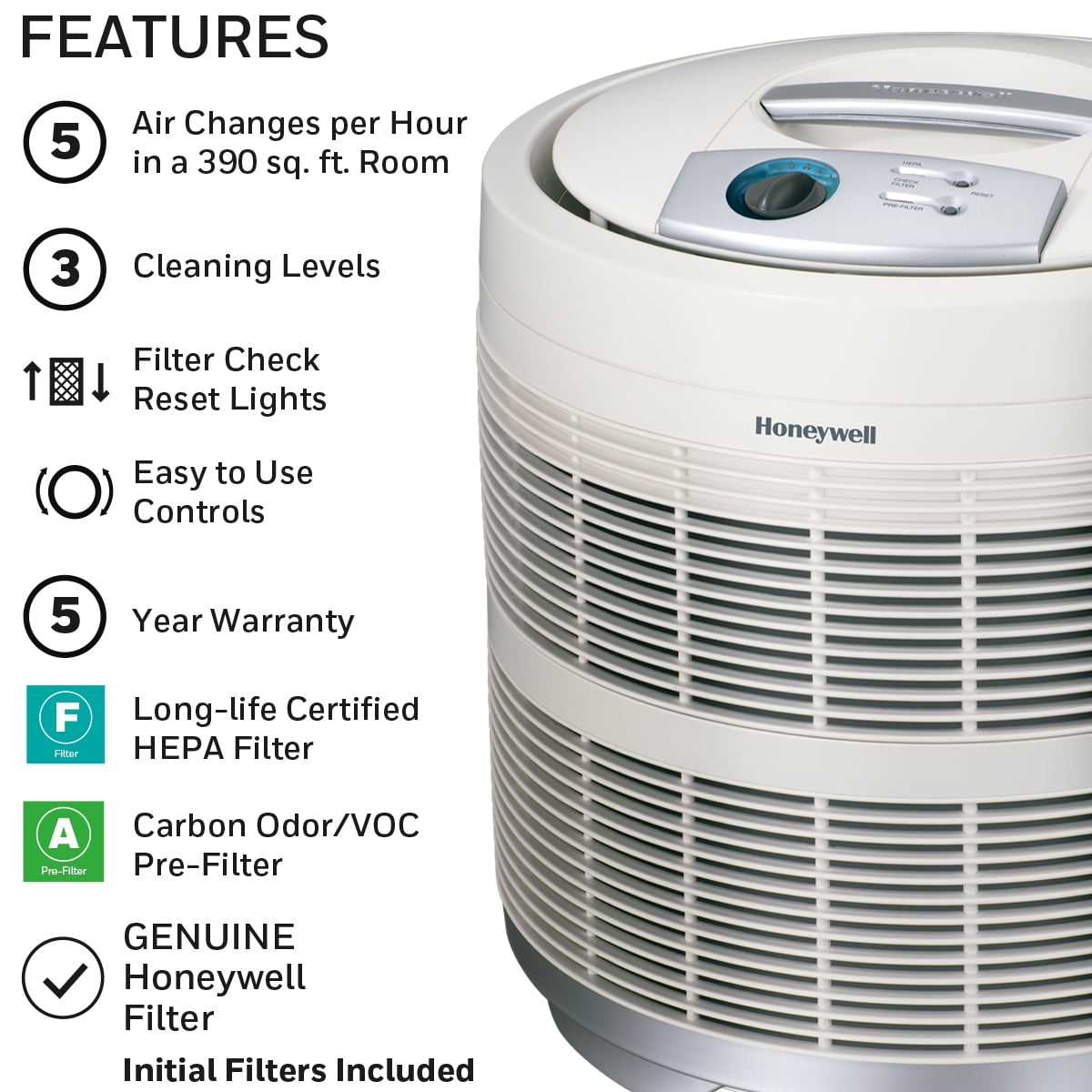 Honeywell Allergen Plus HEPA Air Purifier Allergen Reducer 390 sq ft Wildfire/Smoke, Pollen, Pet Dander, White, 50250-S