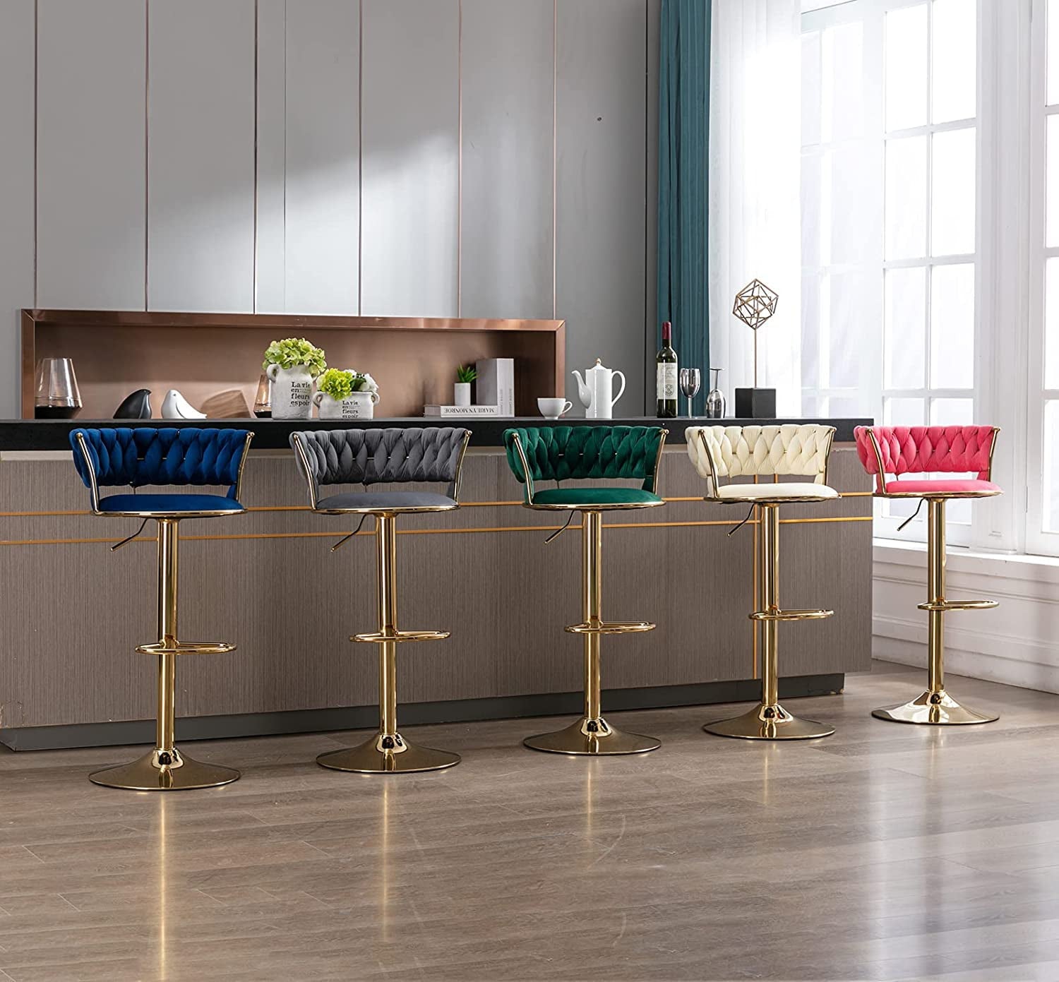 KINFFICT Upholstered Adjustable Swivel Barstool Set of 2, Velvet Bar Height Bar Stools Counter Height Bar Stools, Pink