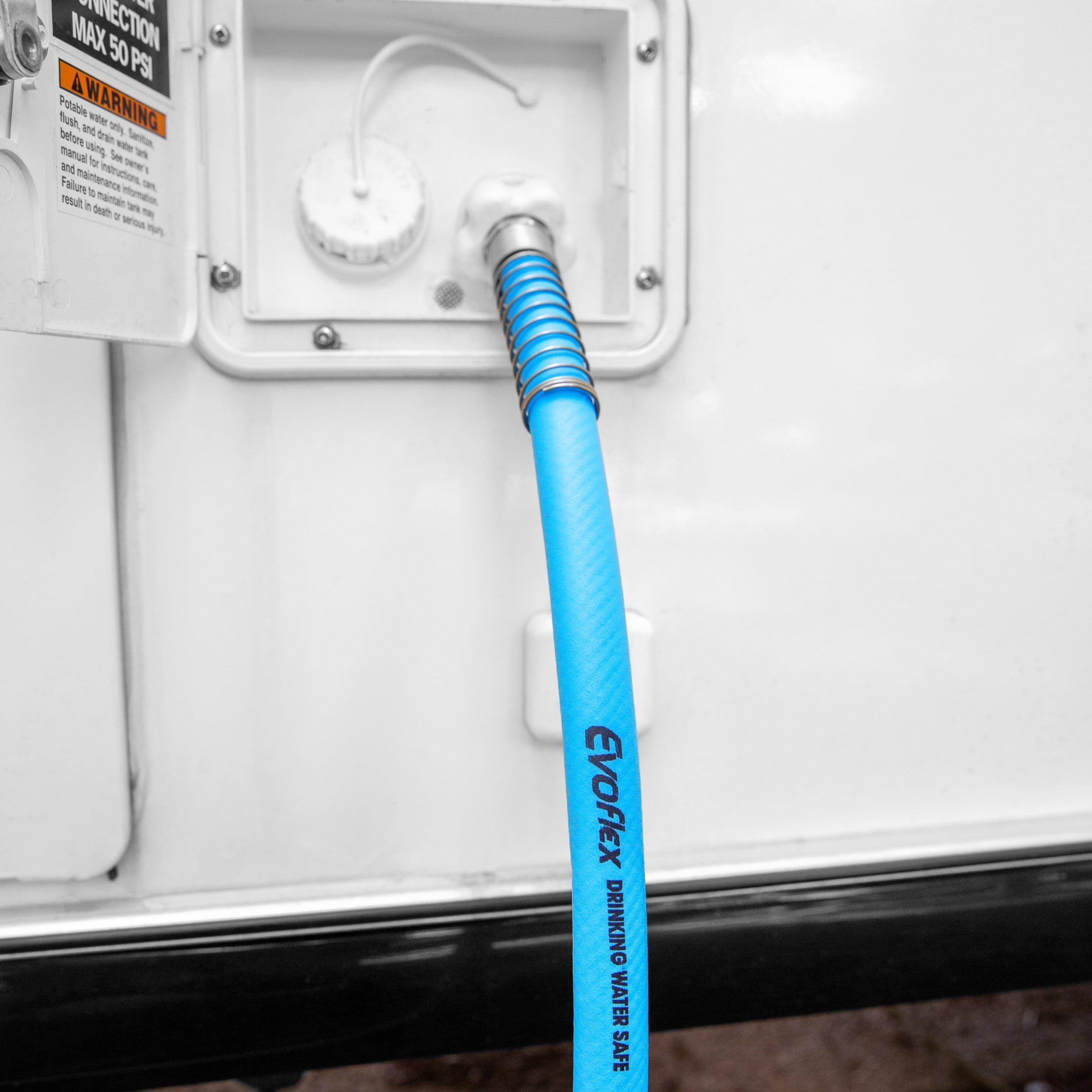 Camco EvoFlex 25-Foot Camper/RV Drinking Water Hose | Stainless Steel Strain Reliefs Ends, Blue (22594)