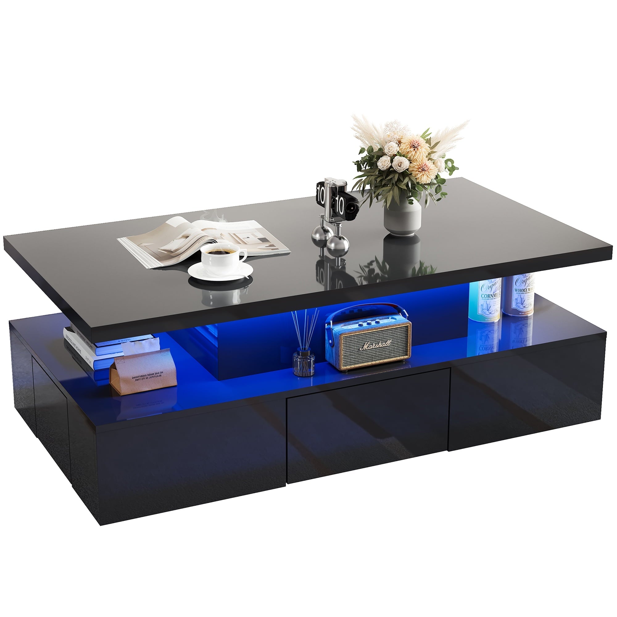 HSUNNS Black LED Coffee Table for Living Room, Modern High Glossy Center Table with 4 Drawers, Smart Cocktail Table Rectangle, Sofa Side Tea Tables with LED Lights, 40