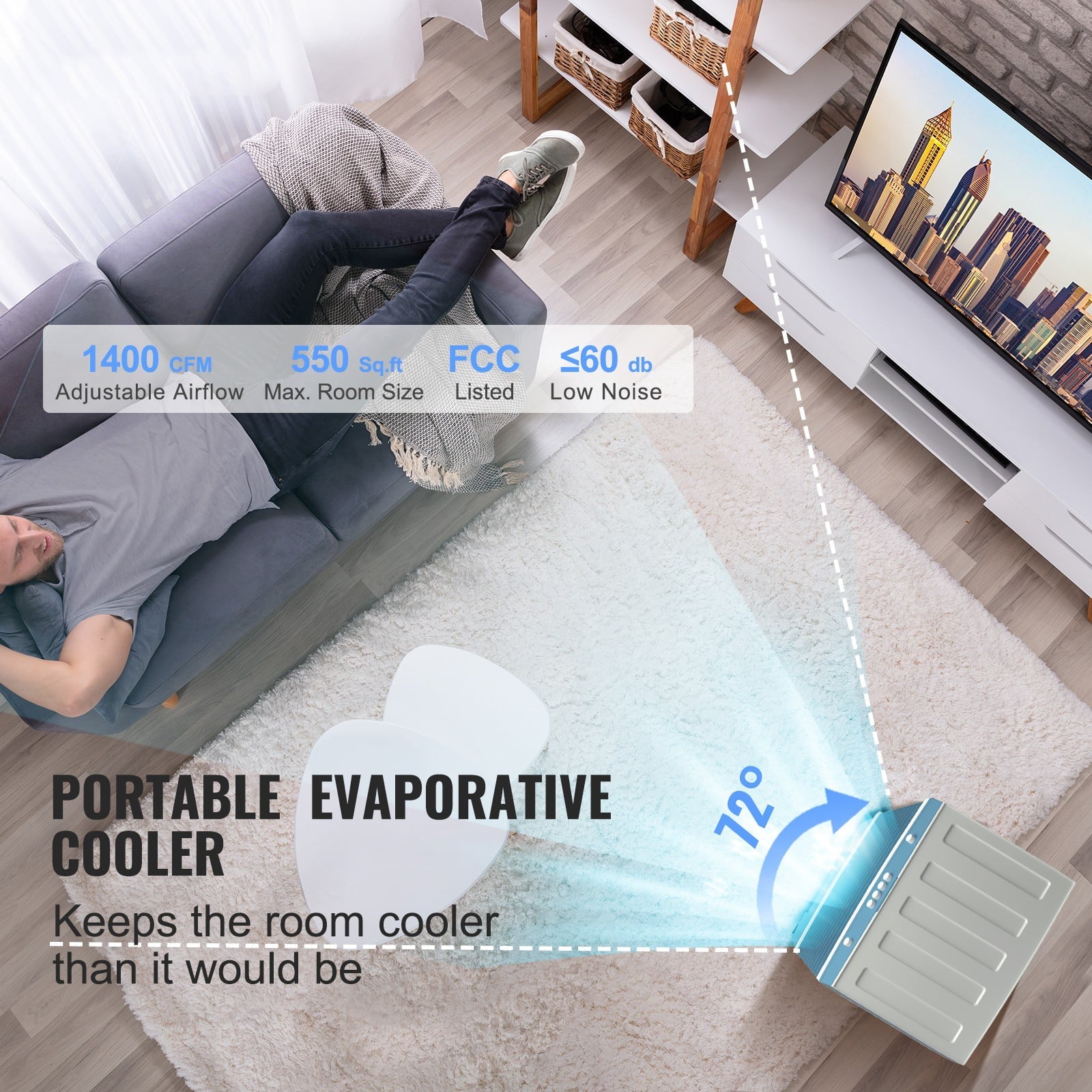 BENTISM Evaporative Cooler Swamp Cooler 3-in-1 1400 CFM 5 Gal Air Humidifier Home