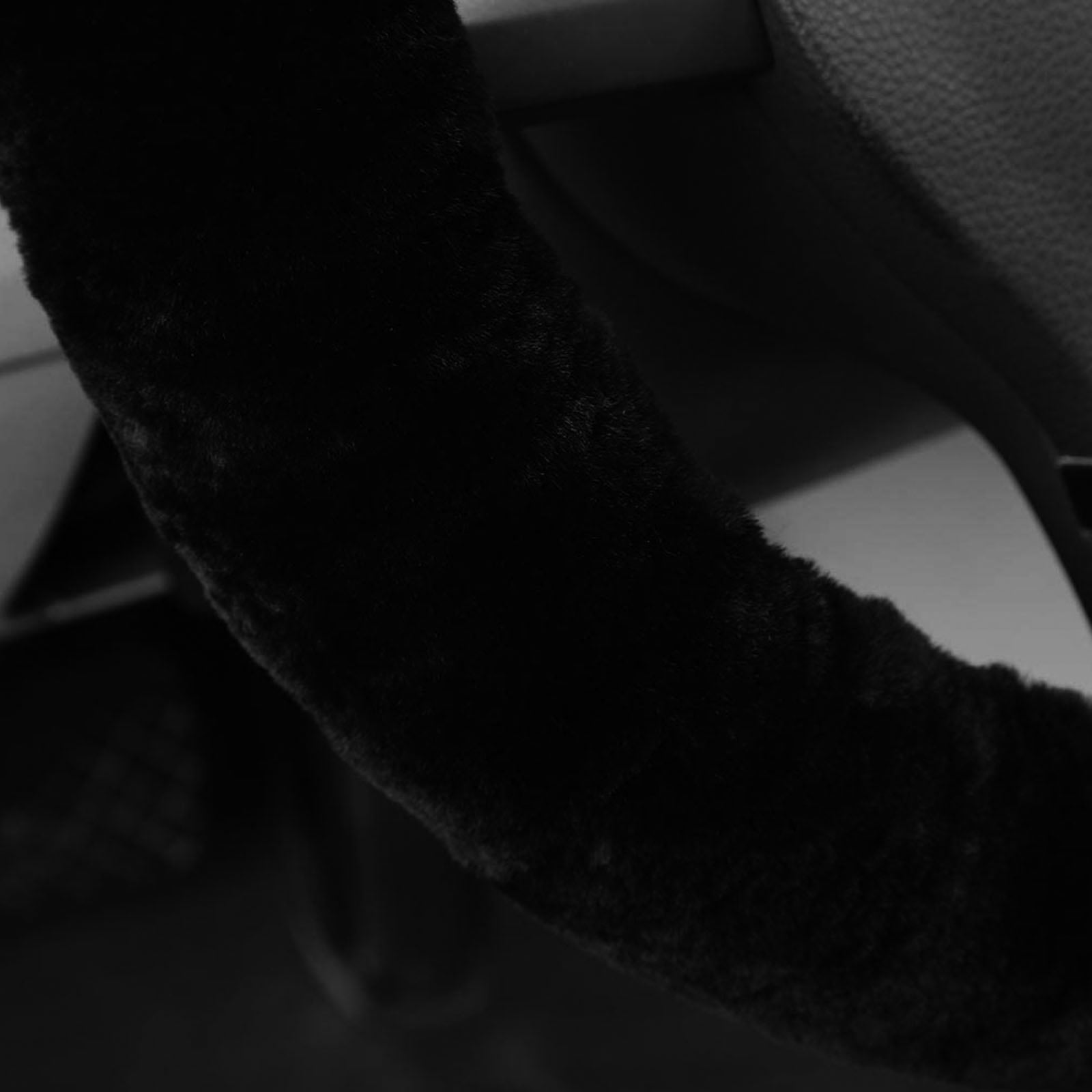 5 PCS Faux Rabbit Fur Fuzzy Steering Wheel Cover Soft Warm Winter Gear Knob Shift Handbrake Fluffy Cover Seat Belt Pads Kit Universal Fit Black Car interior Accessory for Women