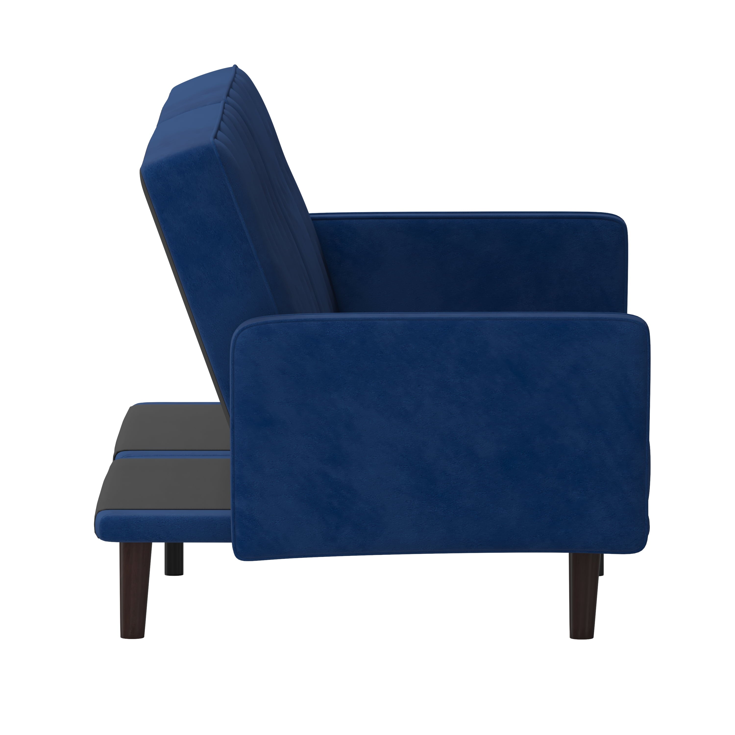 Emma + Oliver Plush Padded Velvet Upholstered Split Back Sofa Futon with Vertical Channel Tufting and Wooden Legs in Navy
