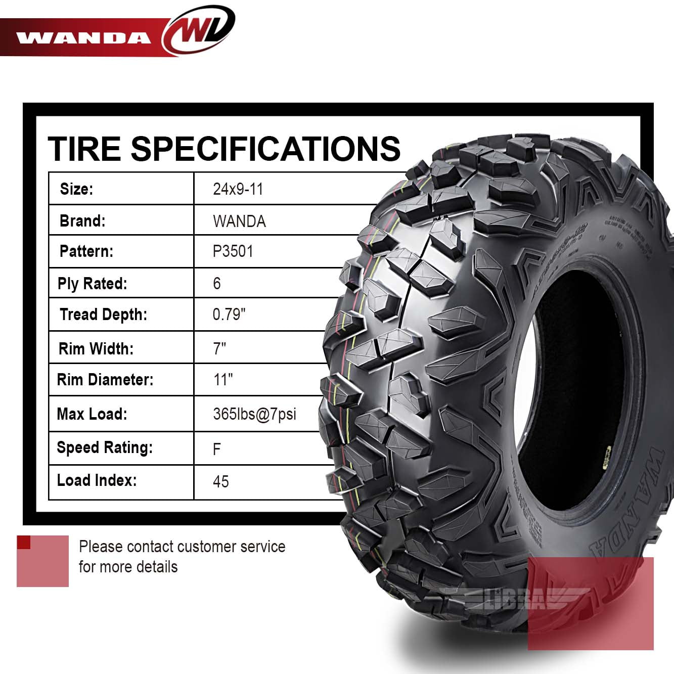 Set of 2 New WANDA ATV/UTV Tires 24x9-11 24x9x11/4PR Utra Deep Self-cleaning Tread