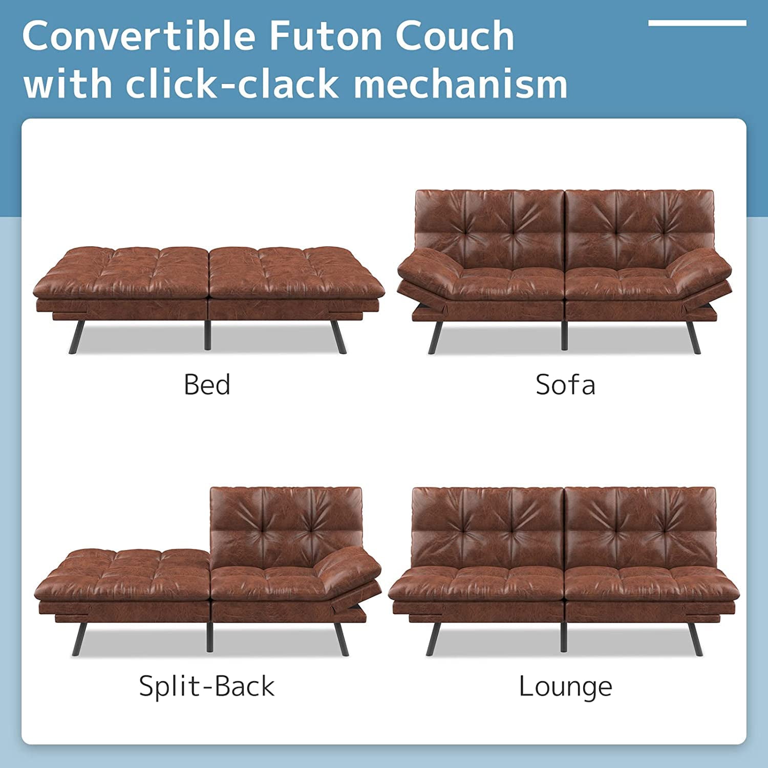 Convertible Futon Sofa Bed, Modern Sleeper Sofa, Brown