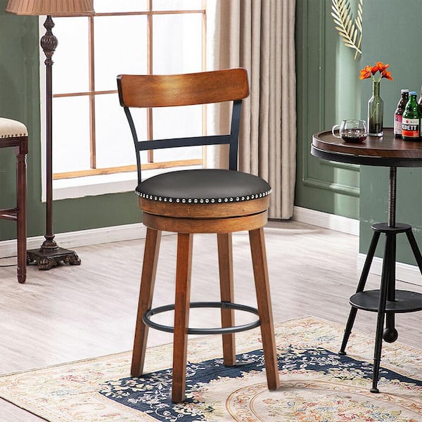 25.5 in. Brown Bar Stool Swivel Counter Height Kitchen Dining Bar Chair with Rubber Wood Legs