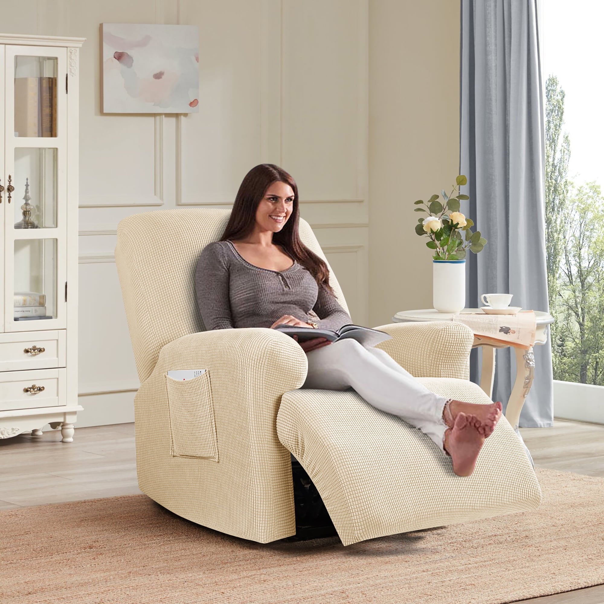 TAOCOCO Stretch Armchair Reclining Slipcovers, Solid Jacquard 4-Pieces Recliner Chair Covers Beige