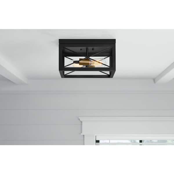 Harwood 12.5 in. 2-Light Matte Black and Old Satin Brass Flush Mount Ceiling Light with Cage Shade