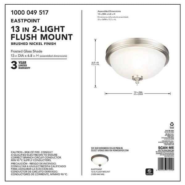 Eastpoint 13 in. 2-Light Brushed Nickel Flush Mount with Frosted Glass Shade