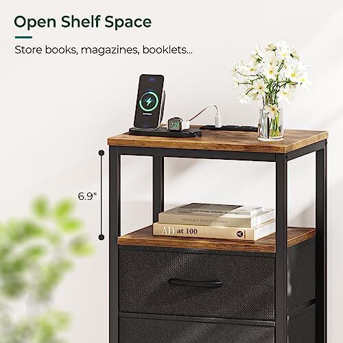 END TABLE with Charging Station Drawer Nightstand Bedside Rustic Brown HUUGER