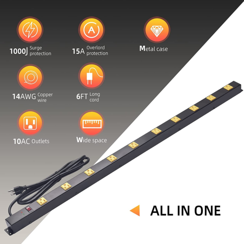 10 Outlet Heavy Duty Power Strip Surge Protector Metal Long Extension Cord 6-Foo