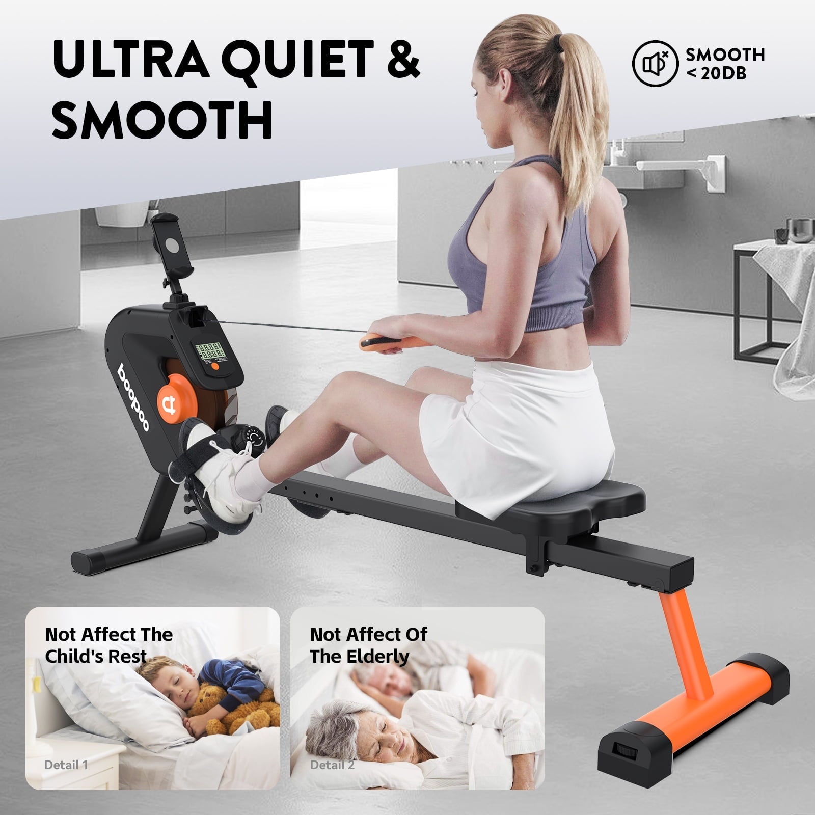 Pooboo Magnetic Rowing Machine Build-in Bluetooth 8 Level Adjustable Resistance Exercise Equipment Gifts 300lb Orange