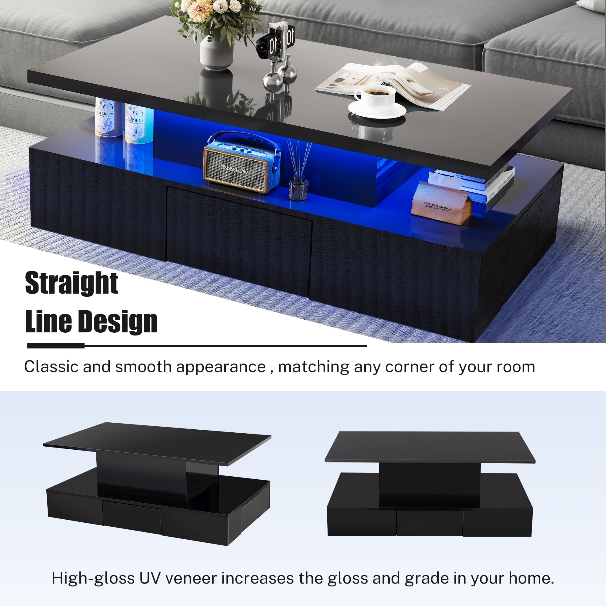 HSUNNS Black LED Coffee Table for Living Room, Modern High Glossy Center Table with 4 Drawers, Smart Cocktail Table Rectangle, Sofa Side Tea Tables with LED Lights, 40