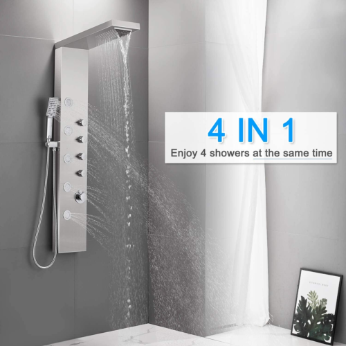ROVOGO Shower Panel Tower, Rainfall Waterfall Shower Head, 5 Body Jets and 3-Fun