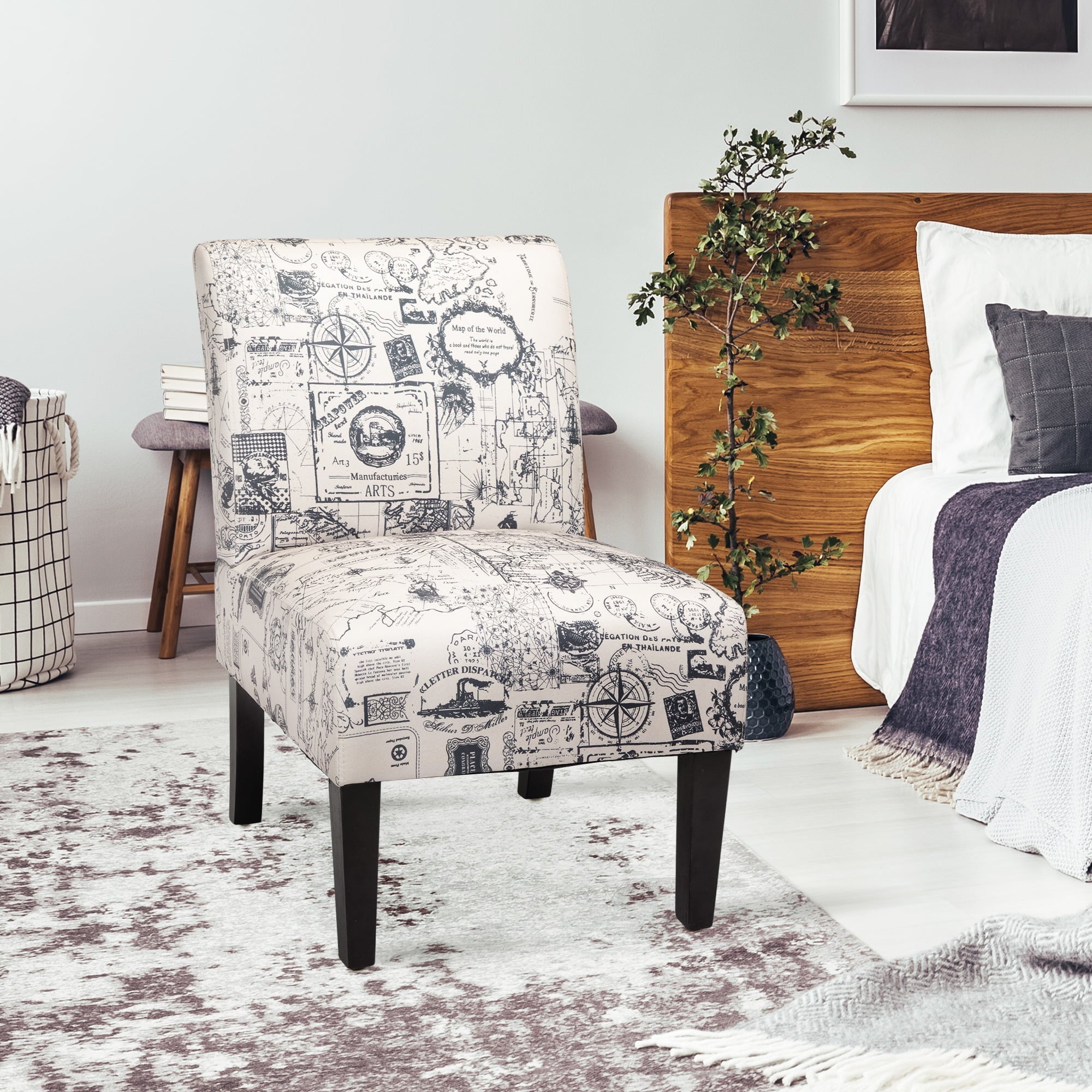 Jaxpety Armless Accent Leisure Chair, Slipper Chair Upholstered Single Sofa, Gray Letter Print