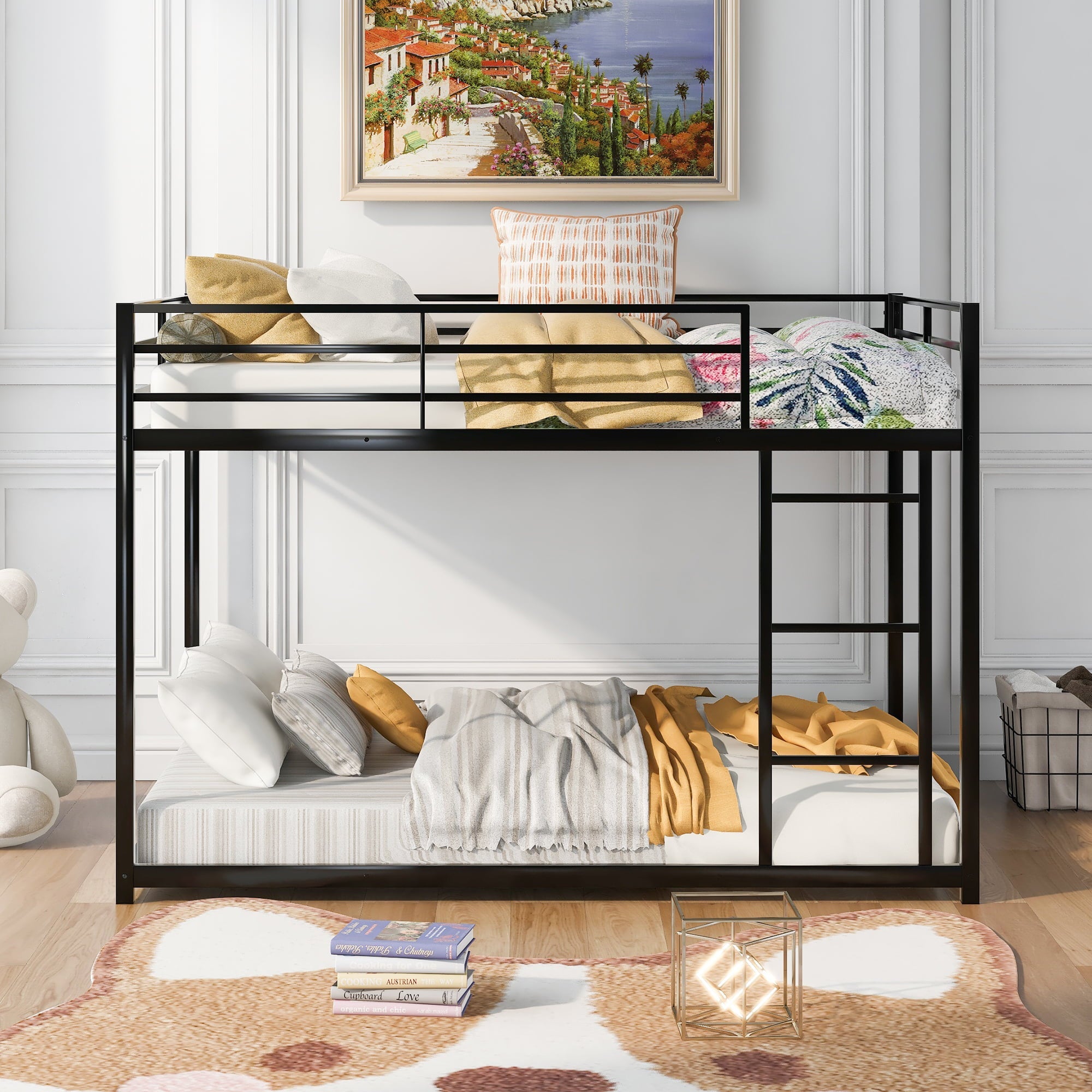 Euroco Full Metal Low Bunk Bed with Ladder, Black