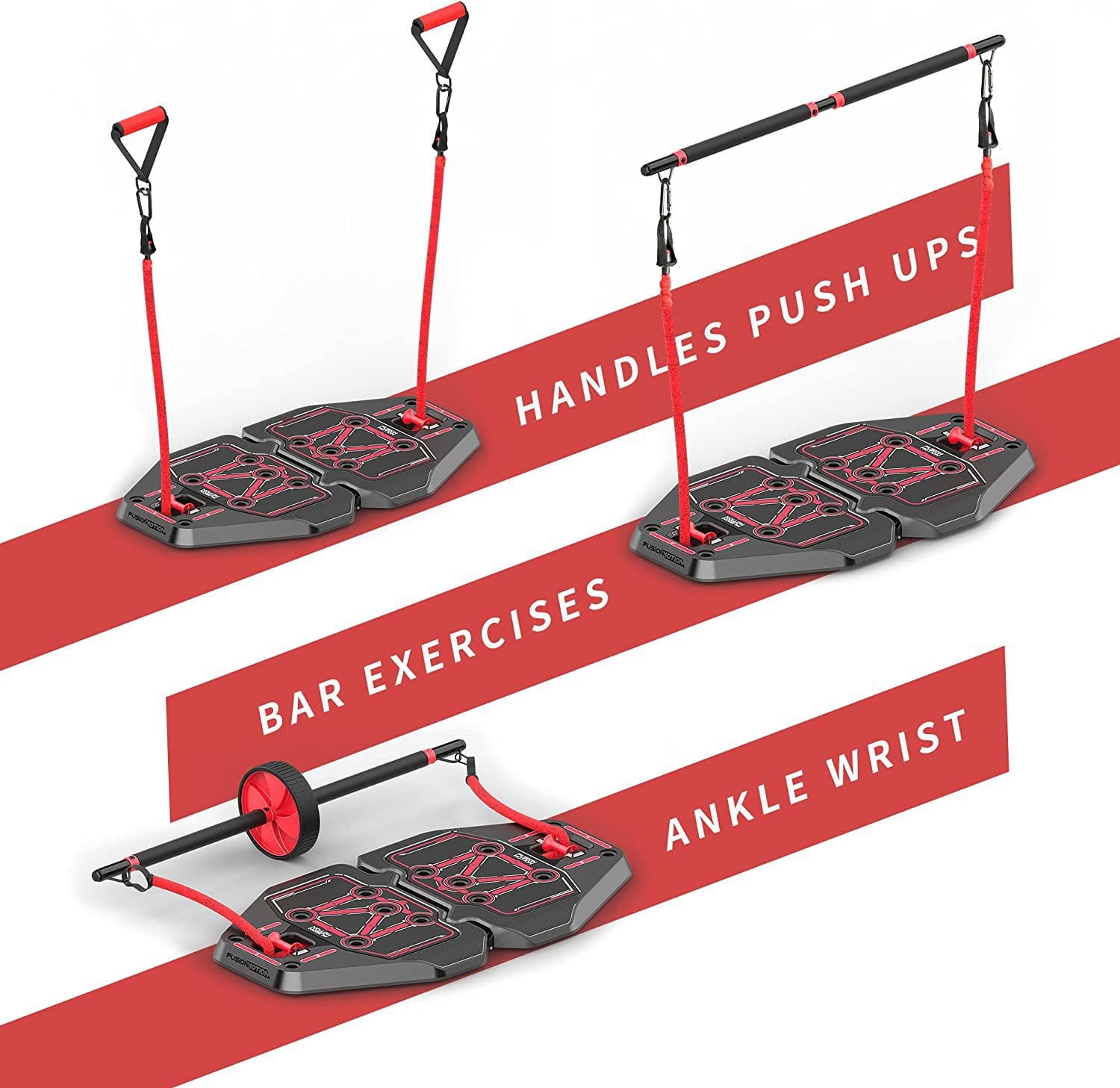 Fusion Motion Portable Fitness Home Gym Equipment Kit with Push Up board, Resistance Bands Bar, AB Roller Wheel and Door Anchor