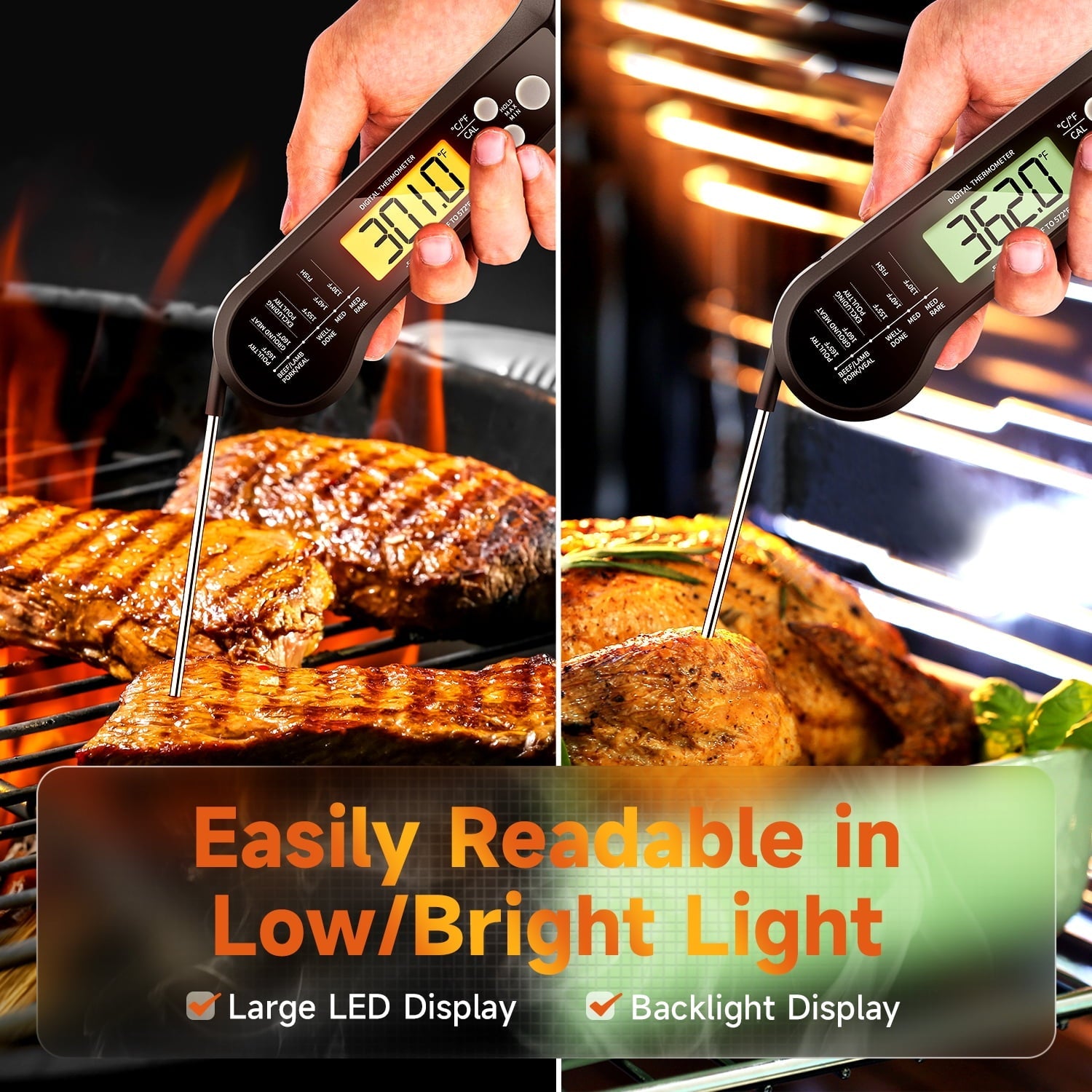 Digital Meat Thermometer with Folding Probe, IPX7 Waterproof Food Thermometer for Cooking, Instant Read Thermometer with LED Backlit Display, Bottle Cap Opener for Kitchen, BBQ, Grill