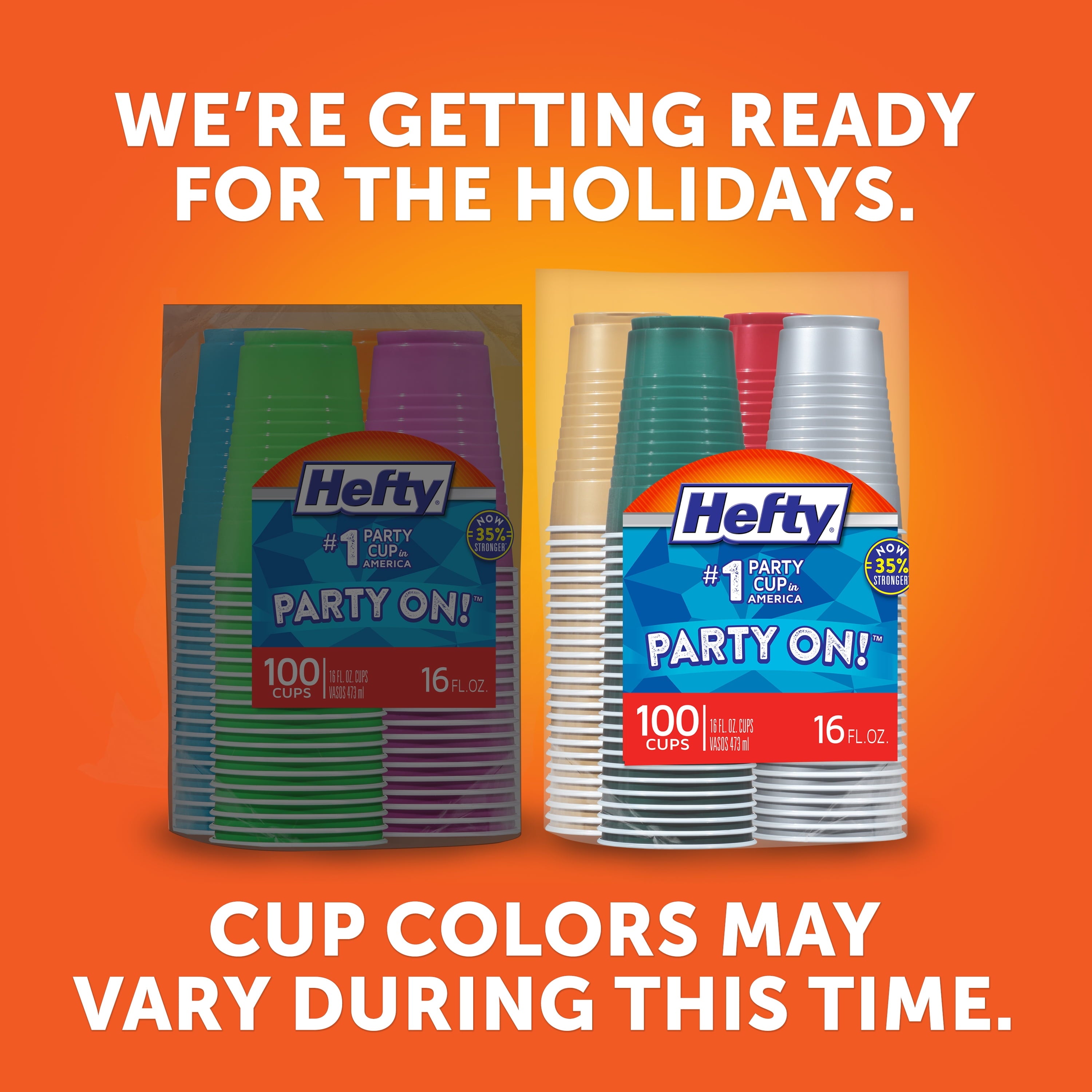 Hefty Party On Plastic Cups, Holiday Assorted Colors, 16 Ounce, 100 Count