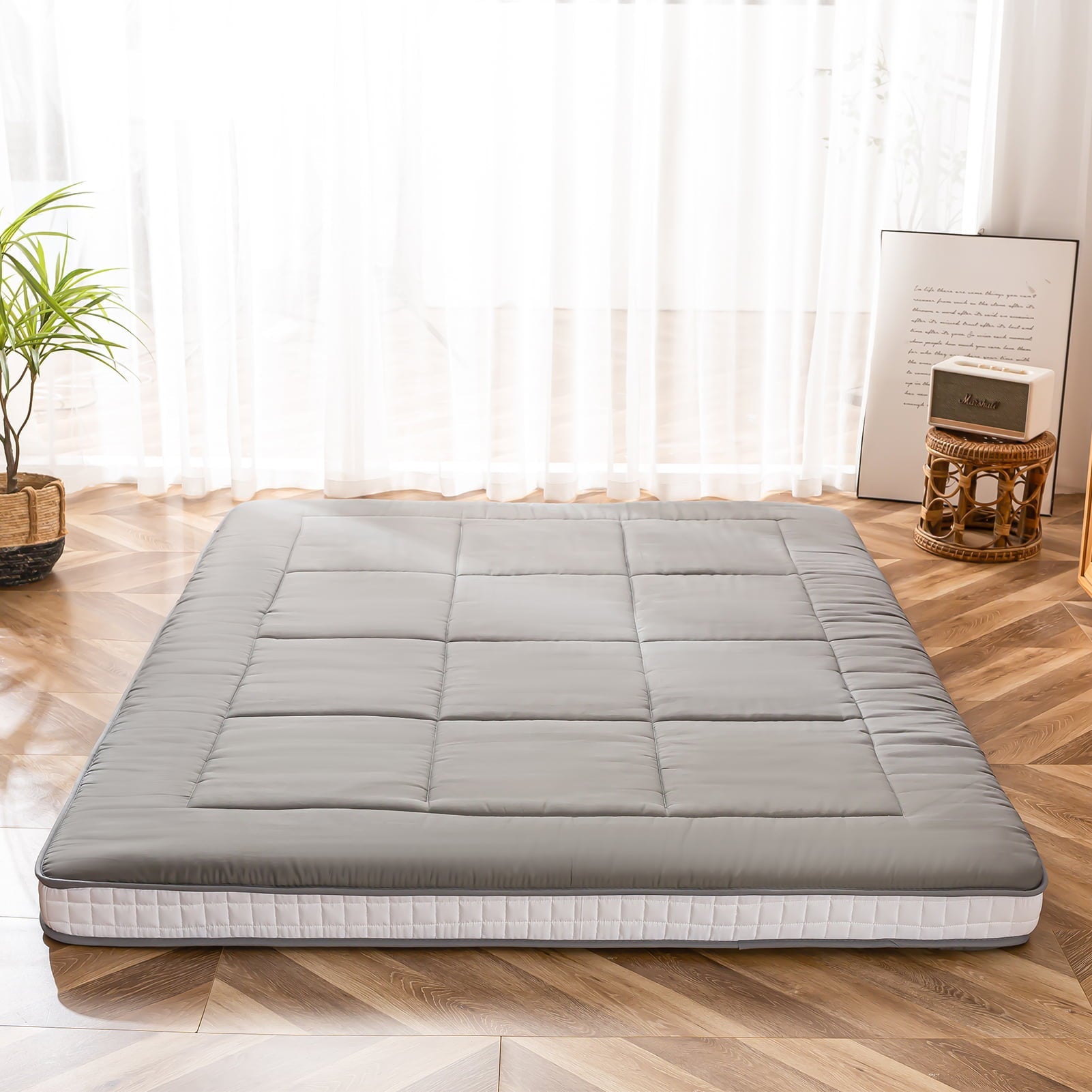 Mattress, Padded Japanese Floor Mattress Quilted Bed Mattress Topper, Extra Thick Folding Sleeping Pad, Dark Grey, Queen