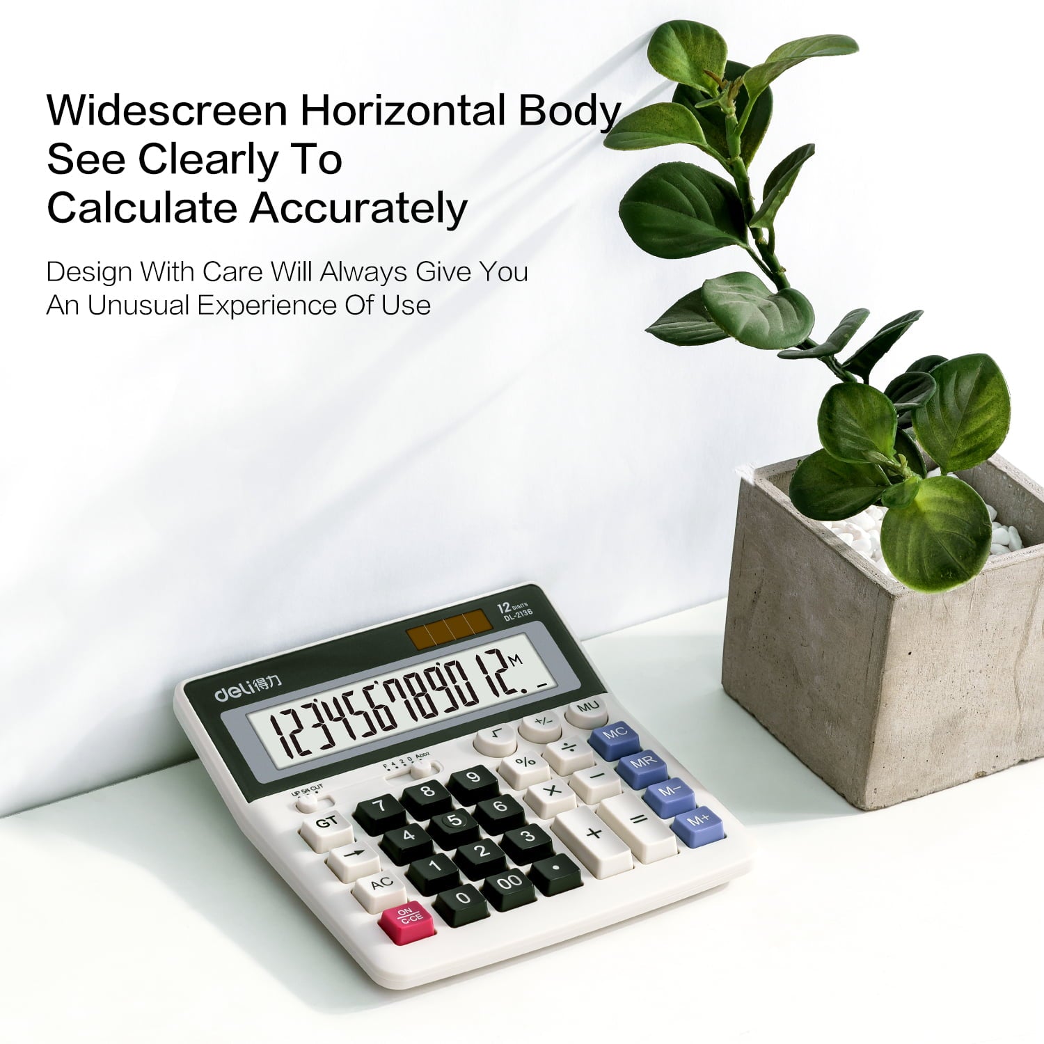 Deli 12-Digit Desktop Calculator, Dual Power, Extra Large LCD Display, White